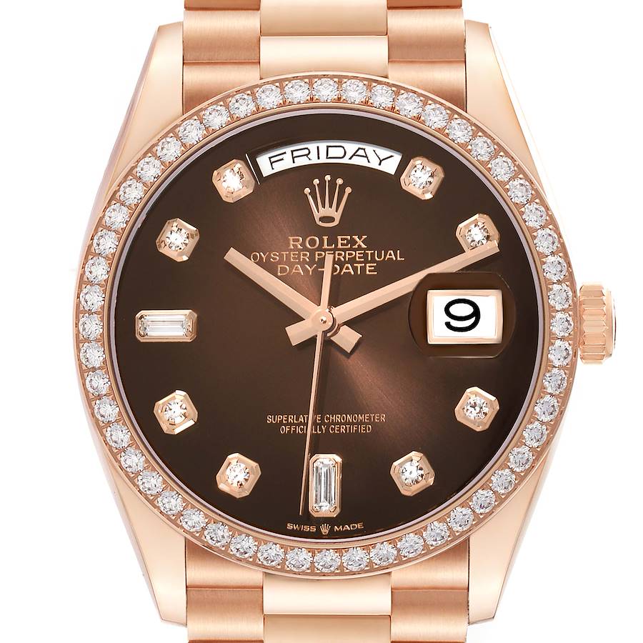 The Rolex President 128345 Men's Rose Gold Brown Dial model is shown from a front angle, highlighting the bezel, dial, day-date display, and bracelet.