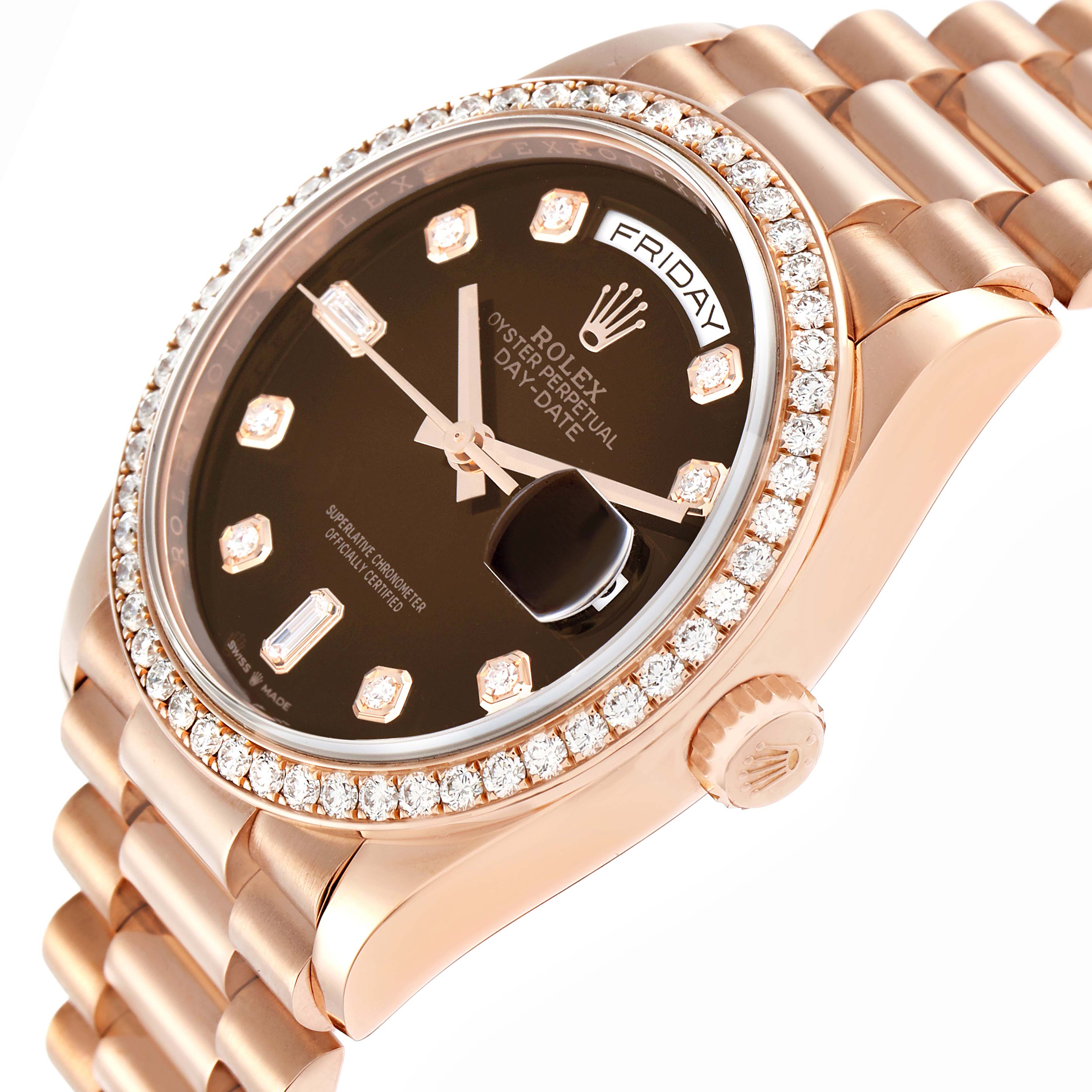 The Rolex President 128345 Men
s Rose Gold Brown Dial model is shown at an angle highlighting the dial, bezel, crown, and part of the bracelet.