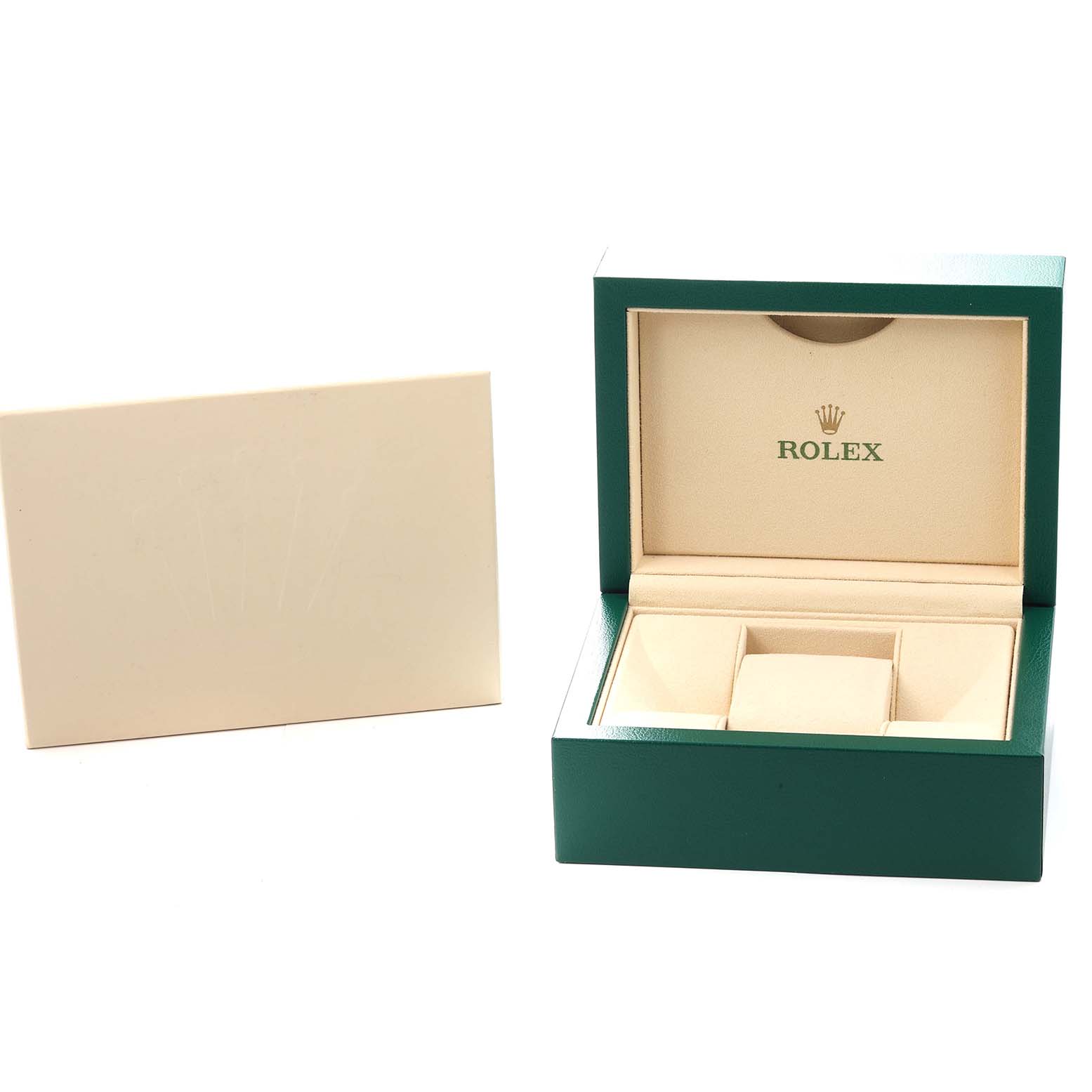 The image shows the open presentation box for a Rolex President 128345 Men
s Rose Gold Brown Dial model watch, along with a beige card.