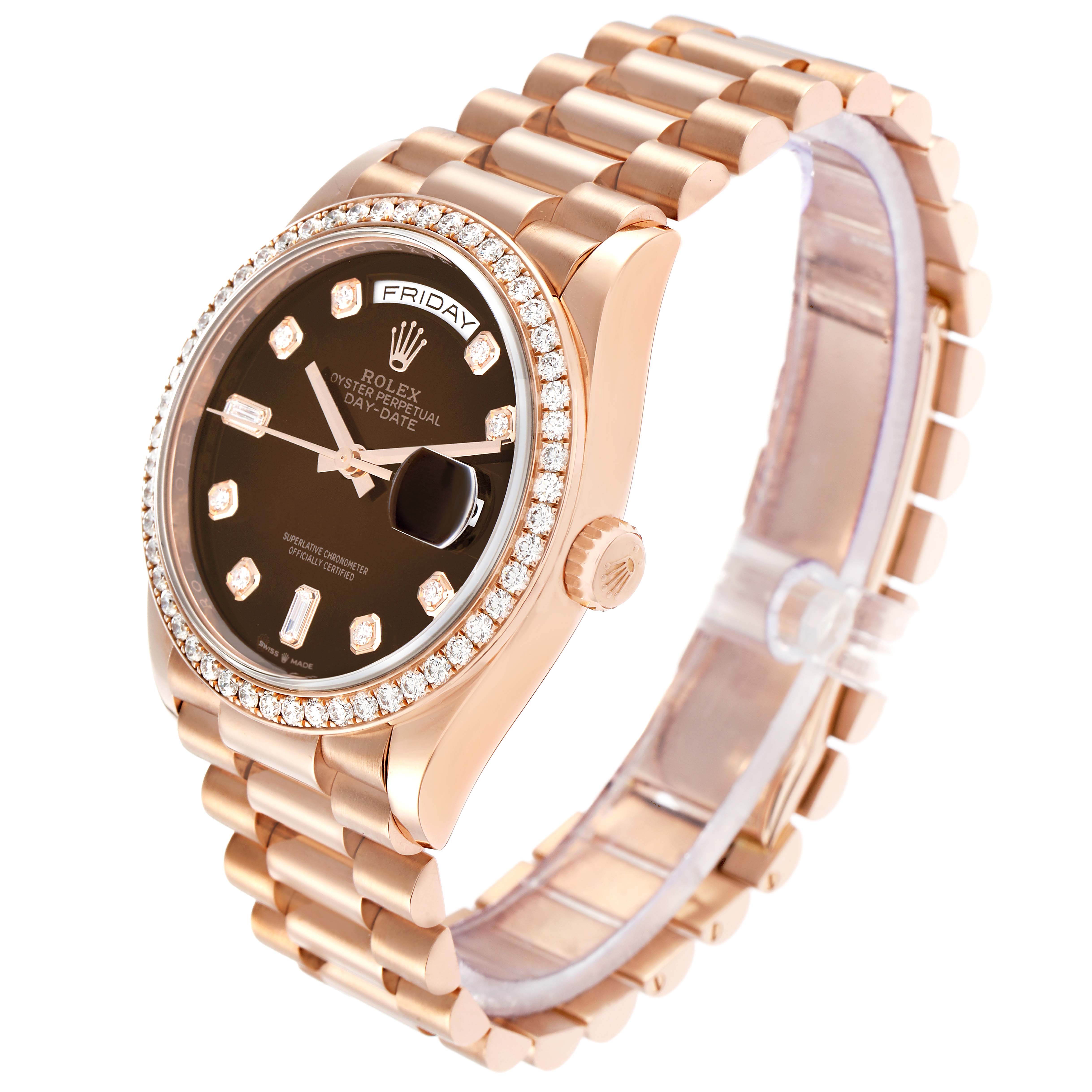 The Rolex President 128345 Men
s Rose Gold Brown Dial watch is shown at a three-quarter angle, highlighting its diamond bezel, dial, and bracelet.