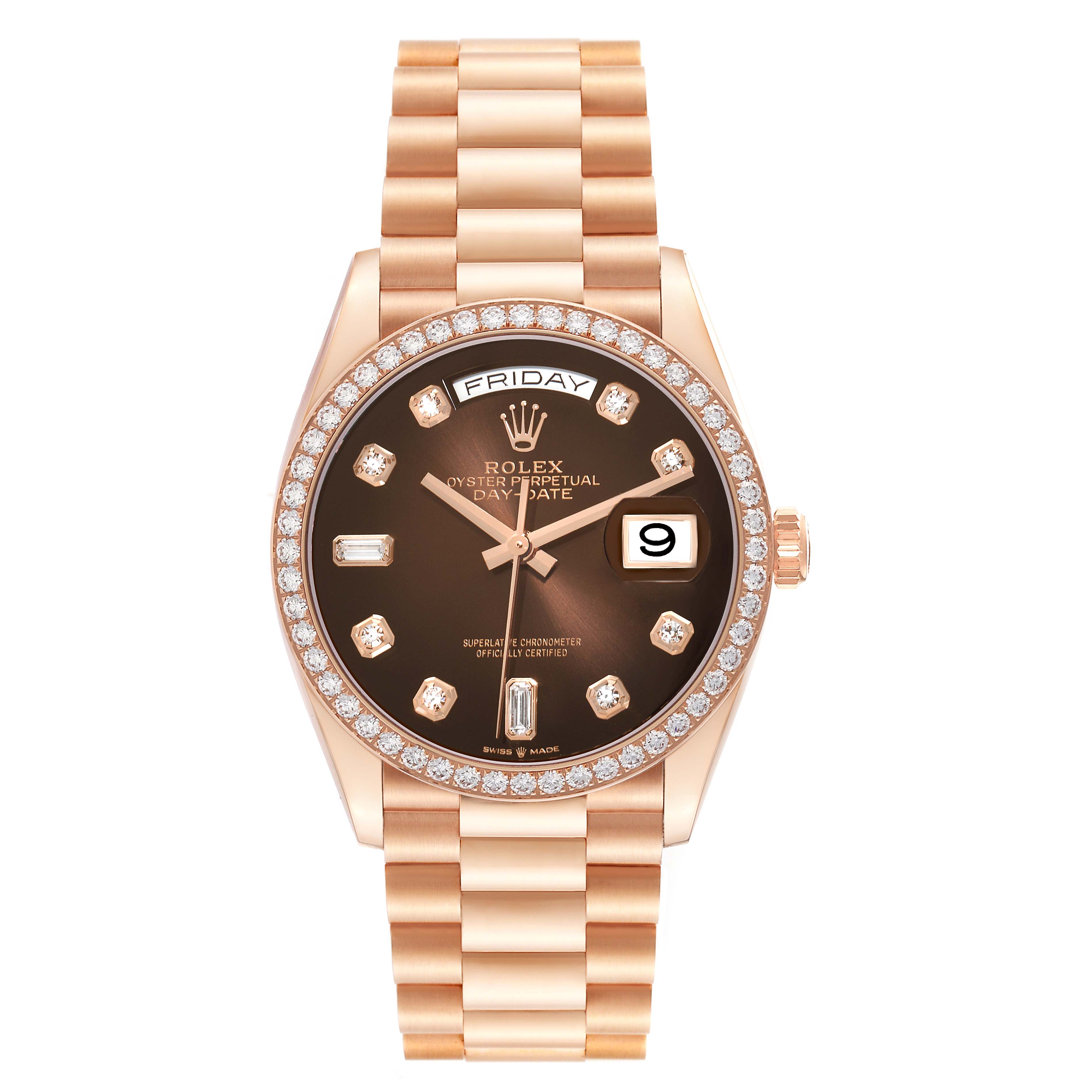 The Rolex President 128345 Men
s Rose Gold Brown Dial model watch is shown from a front angle, displaying its face, bezel, bracelet, and crown.