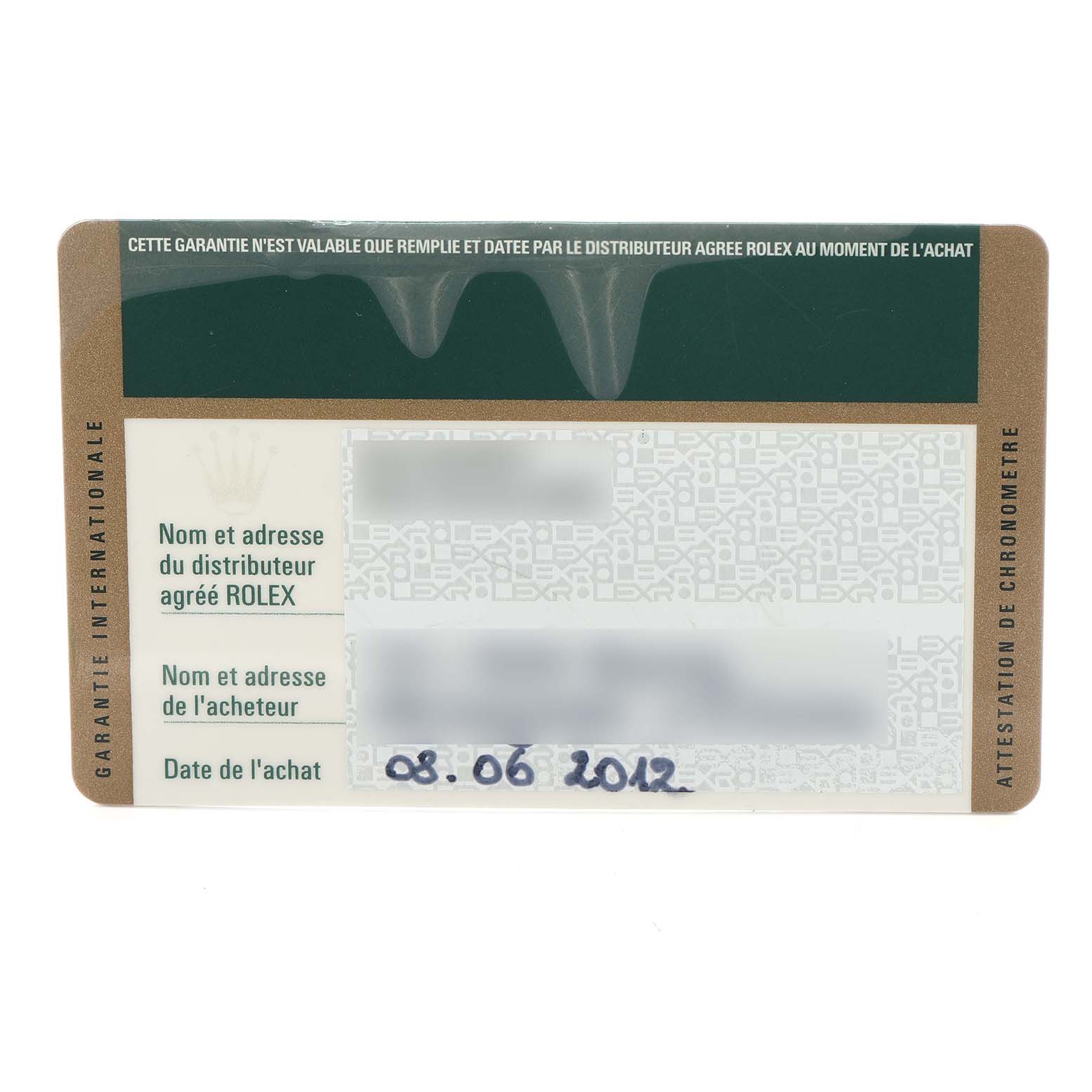 This image shows a warranty card for the Rolex President 118346 Men
s Platinum Silver Dial model.