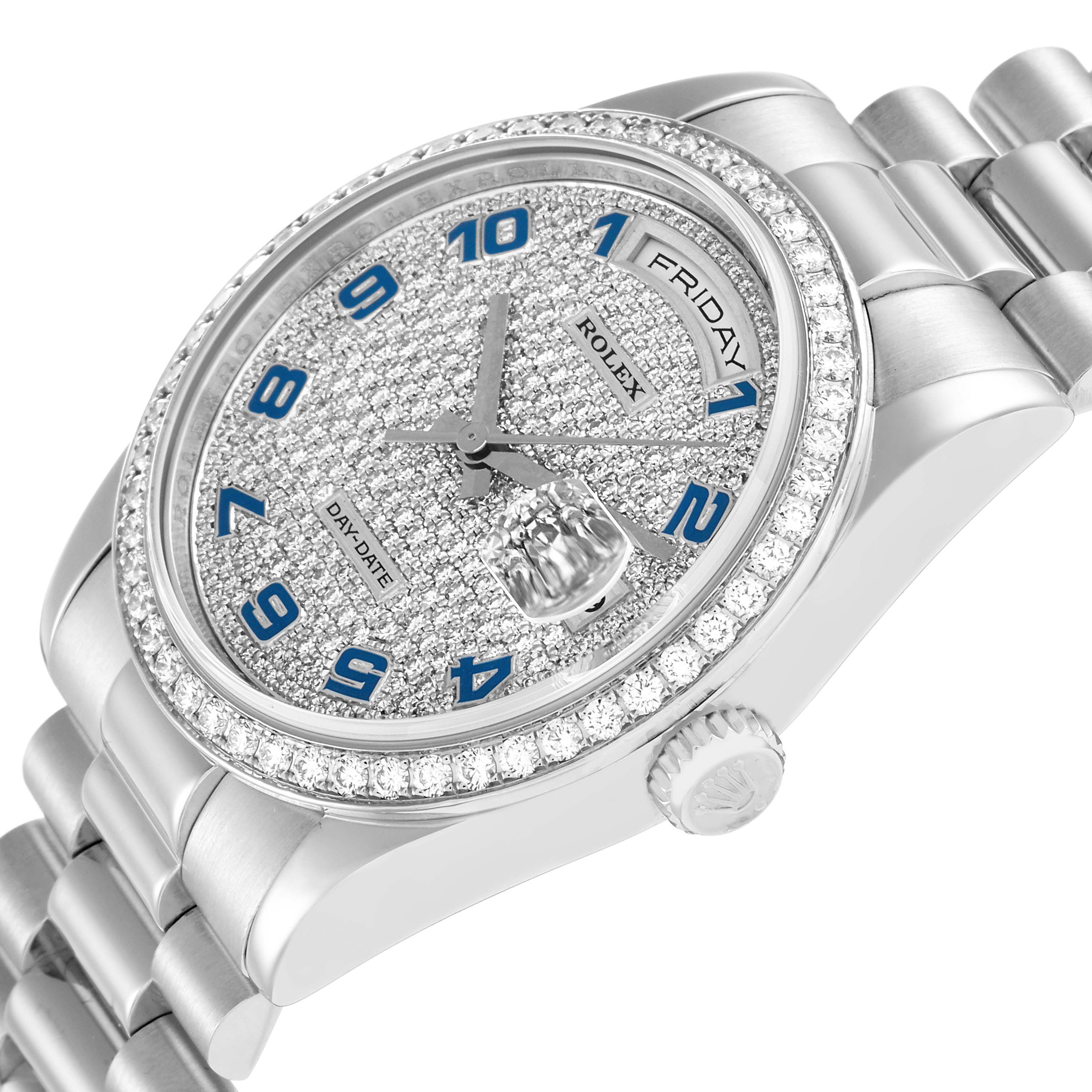 The Rolex President 118346 Men
s Platinum Silver Dial watch is shown at a slight angle, highlighting its diamond-studded dial, bezel, and bracelet.