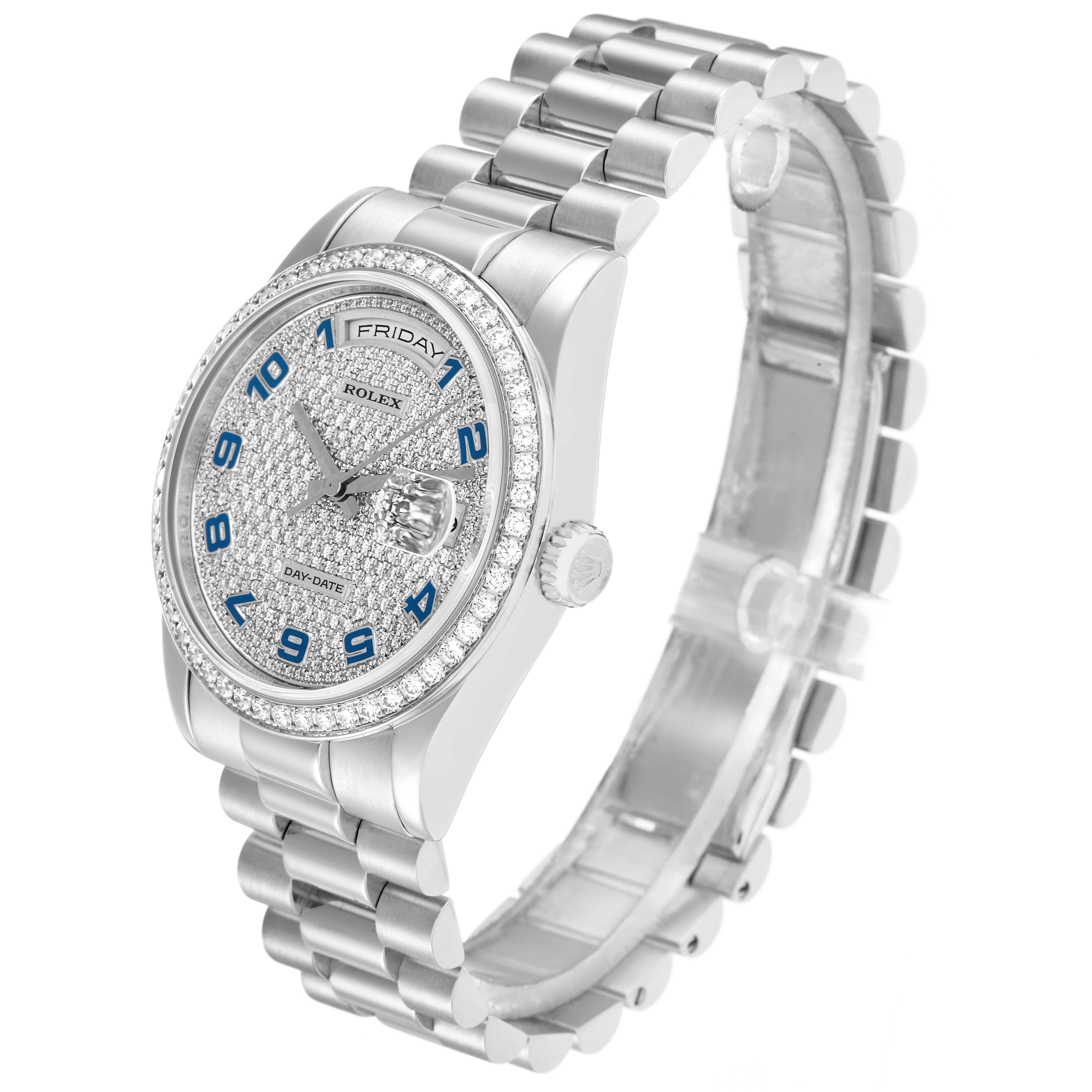 The Rolex President 118346 Men
s Platinum Silver Dial watch is shown at a three-quarter angle, highlighting its face, bezel, and bracelet.