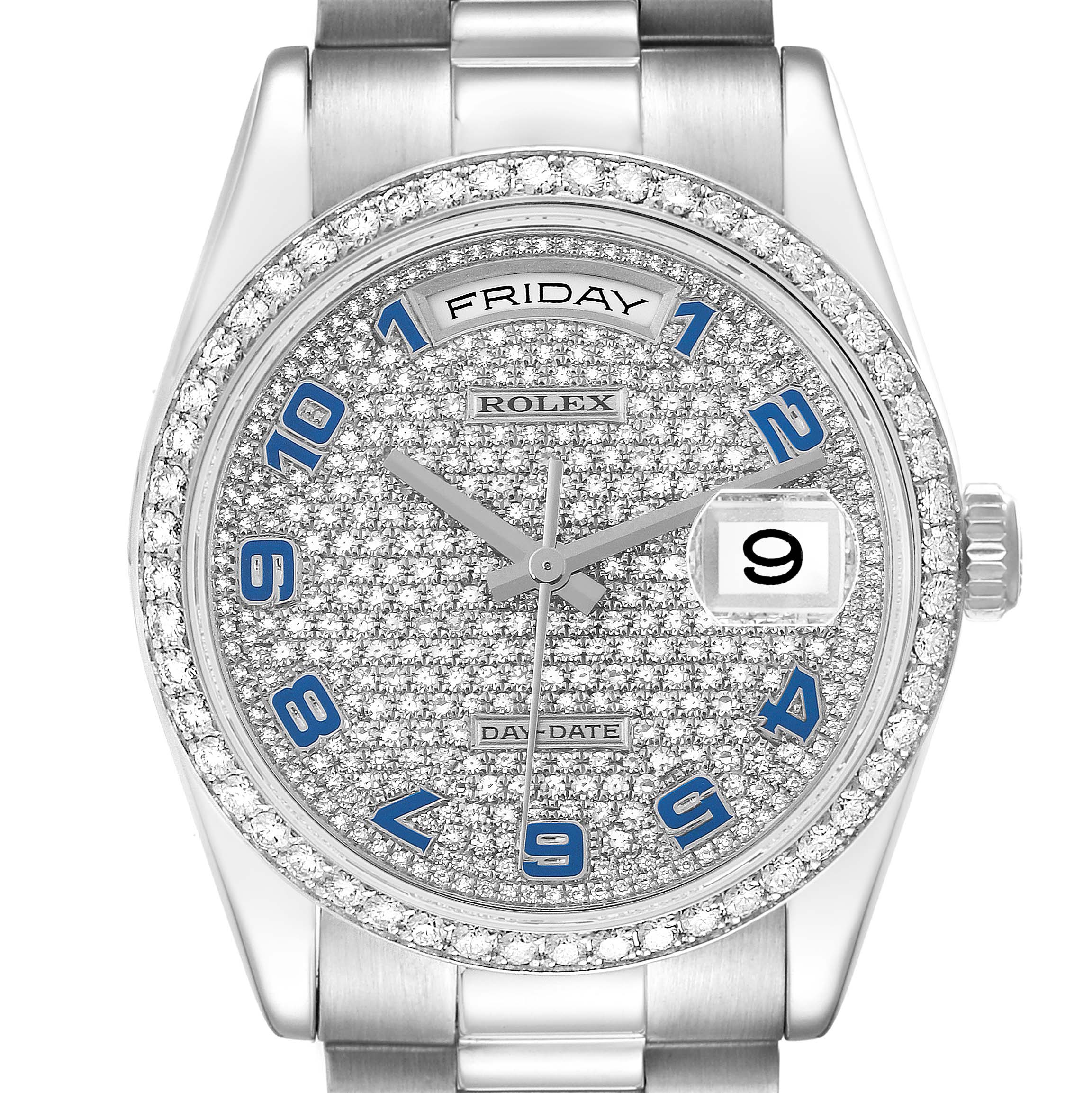 This Rolex President 118346 Men
s Platinum Silver Dial watch is shown from a front angle, displaying its diamond-studded dial, day-date windows, and partial bracelet.