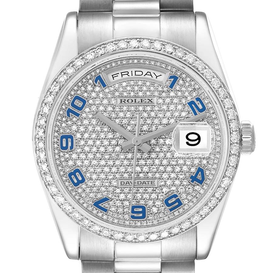 This Rolex President 118346 Men's Platinum Silver Dial watch is shown from a front angle, displaying its diamond-studded dial, day-date windows, and partial bracelet.