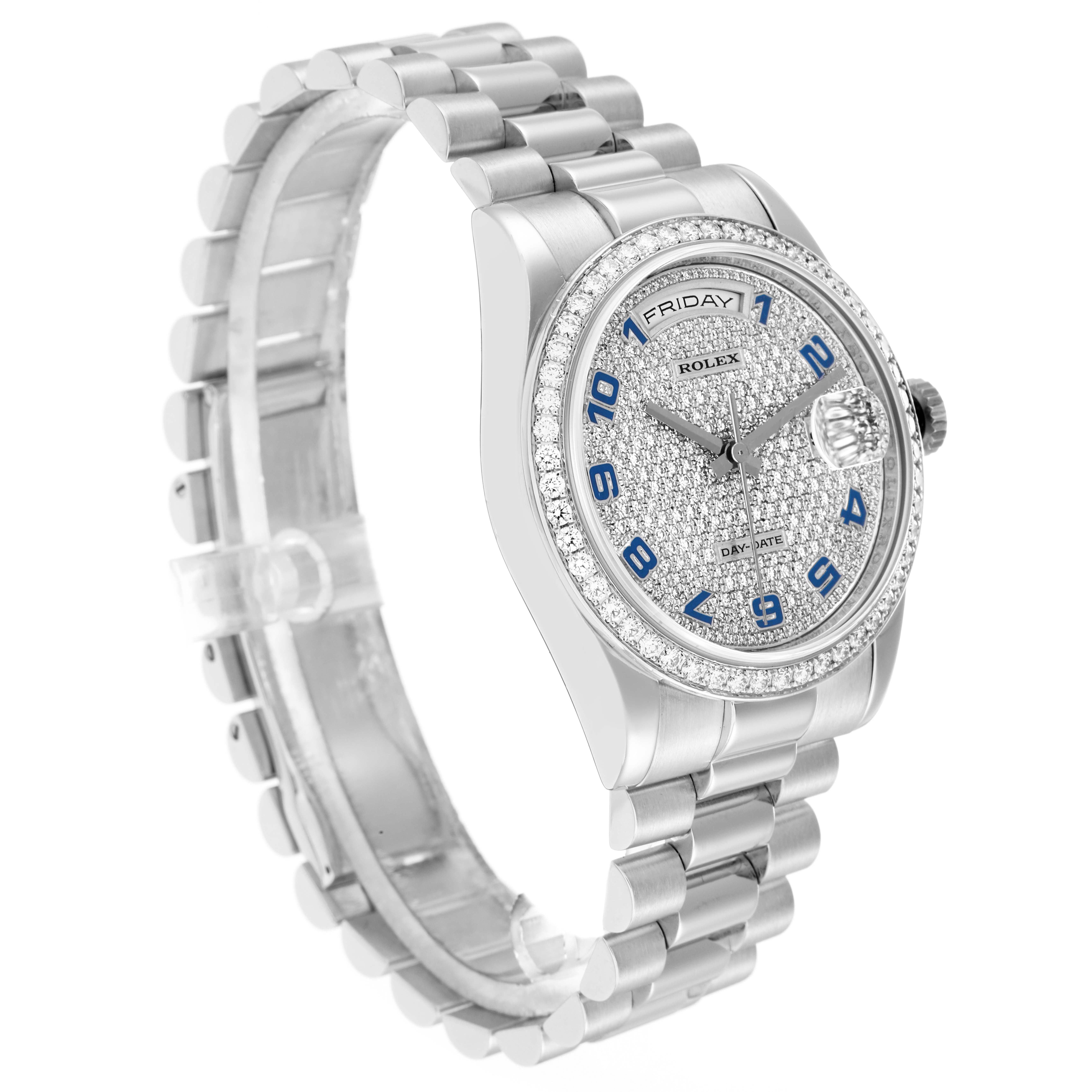 The Rolex President 118346 Men
s Platinum Silver Dial model watch is shown from a slightly angled side view, highlighting the face, bracelet, and bezel.