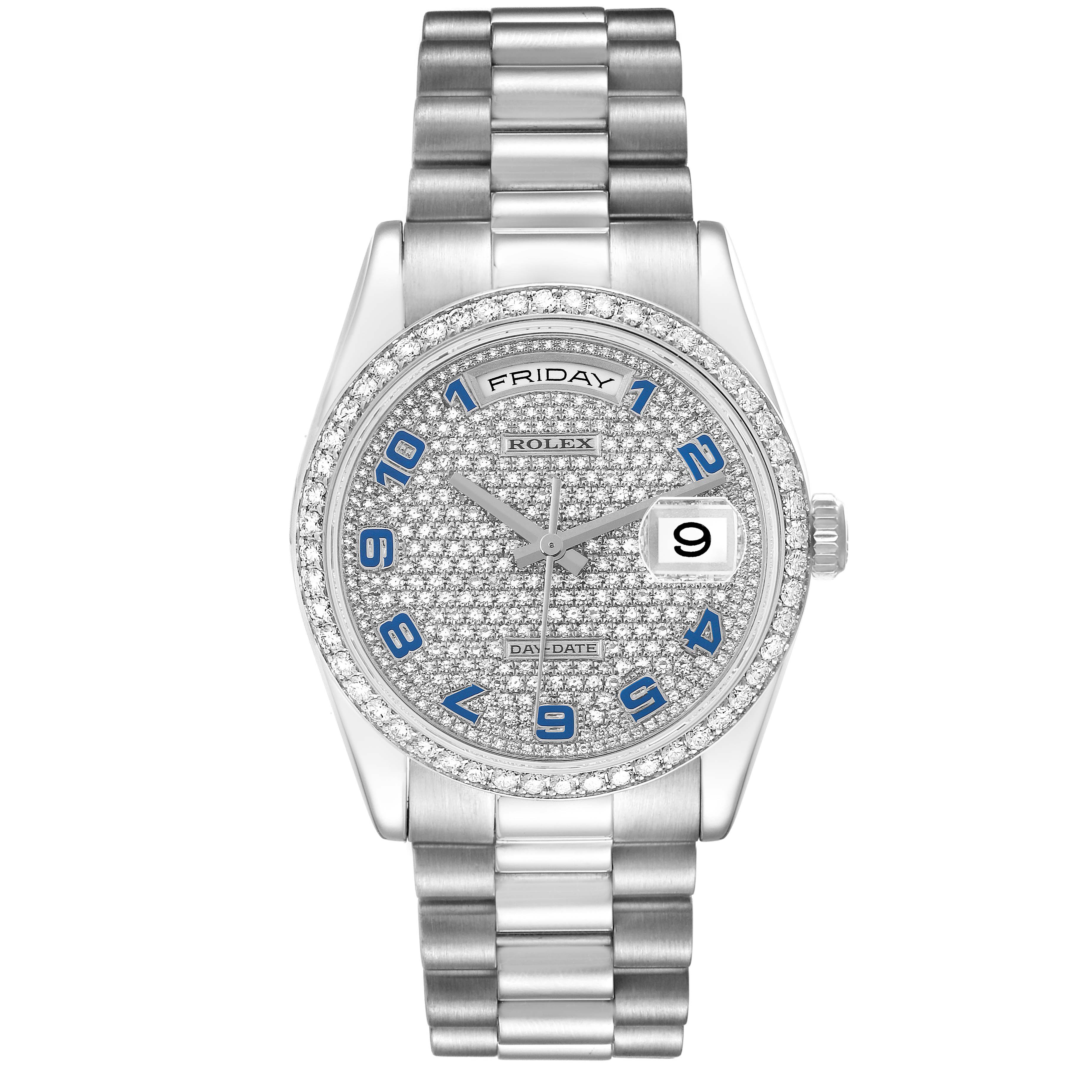 The Rolex President 118346 Men
s Platinum Silver Dial watch is shown from the front, displaying the band, bezel, dial with diamonds, and day-date feature.