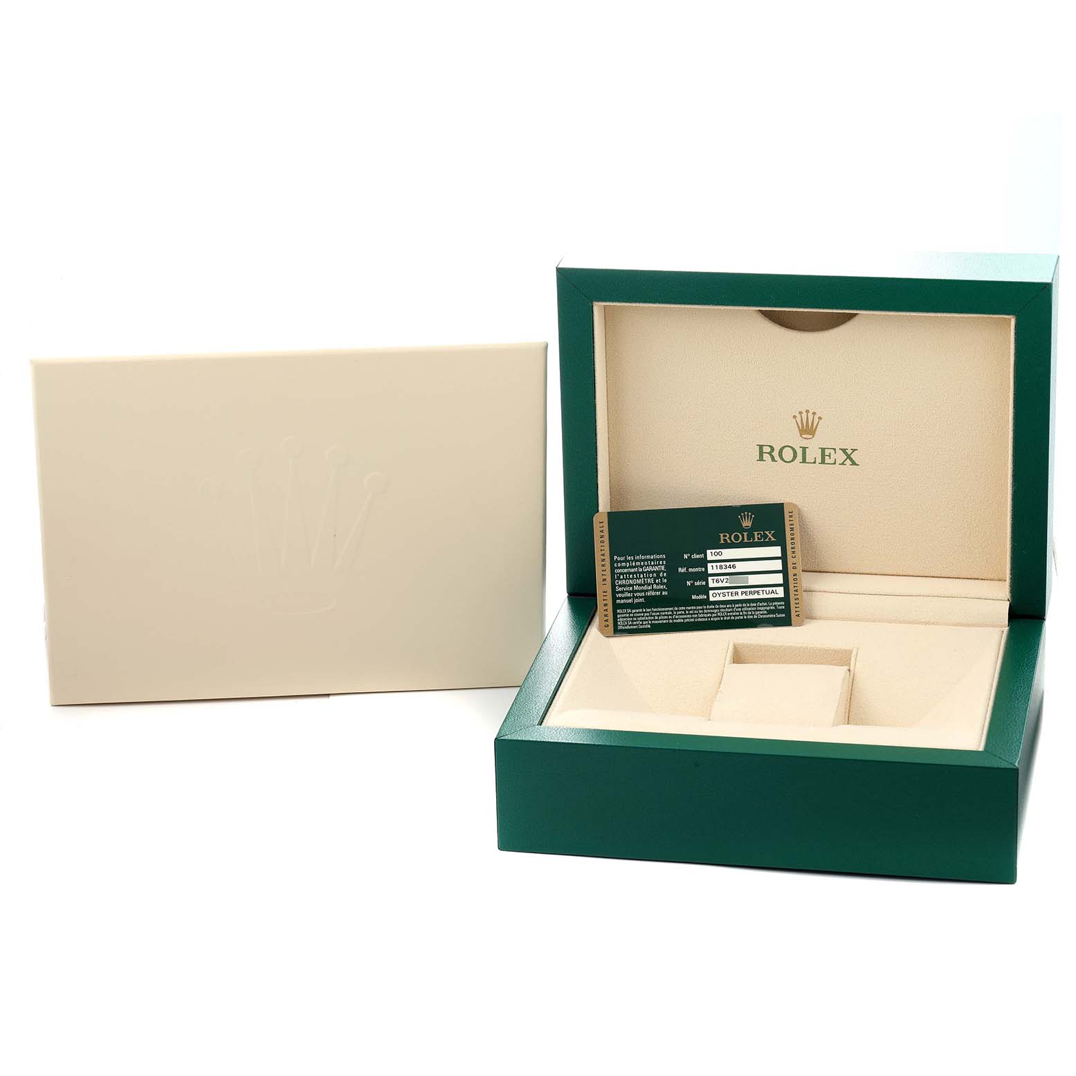 The image shows a Rolex President 118346 Men
s Platinum Silver Dial model watch box, open at an angle, with a warranty card displayed inside.