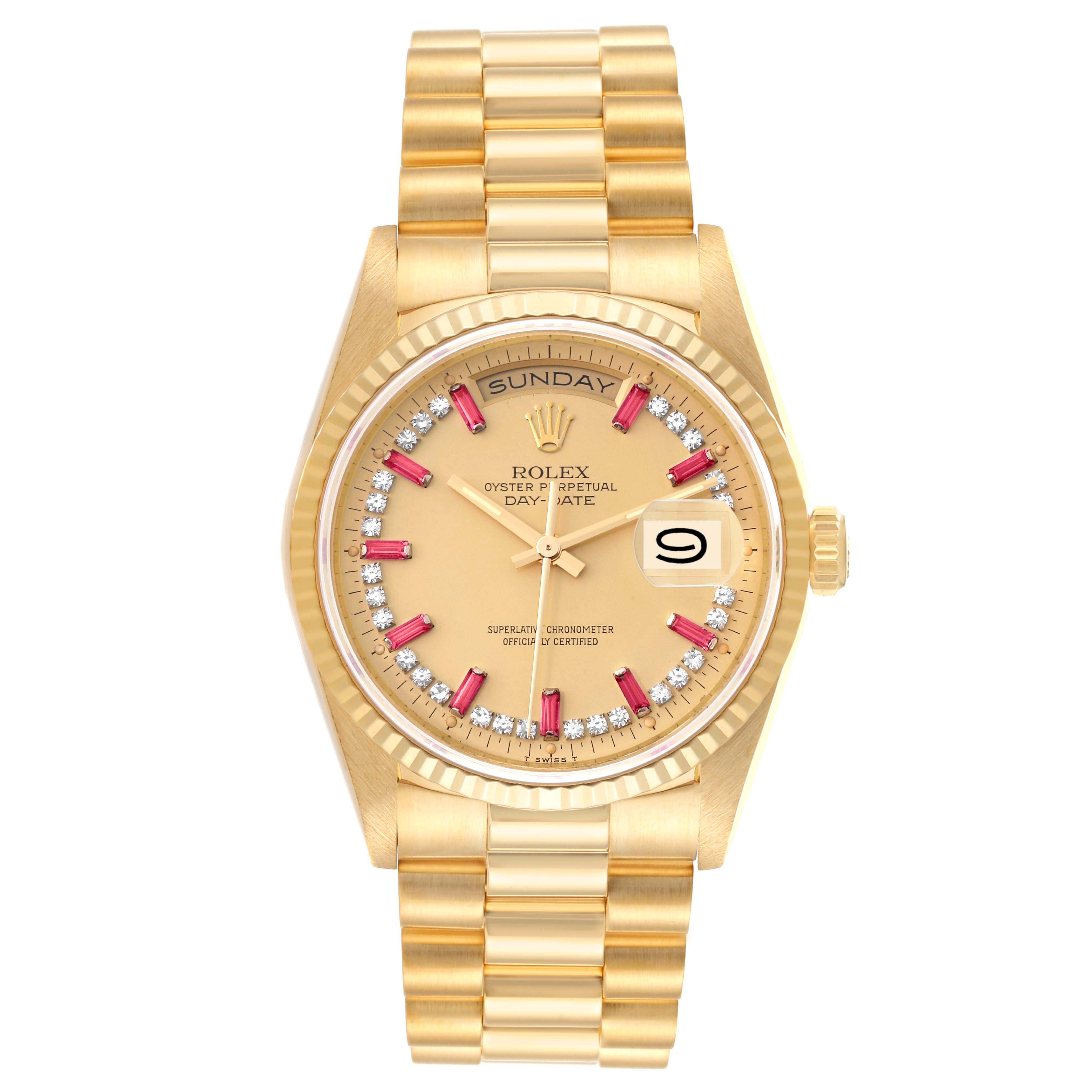 The image shows a Rolex President 18238 Men's Yellow Gold Champagne Dial 18238 Men's Yellow Gold Champagne Dial model watch from a frontal angle, highlighting the dial, bracelet, and fluted bezel.