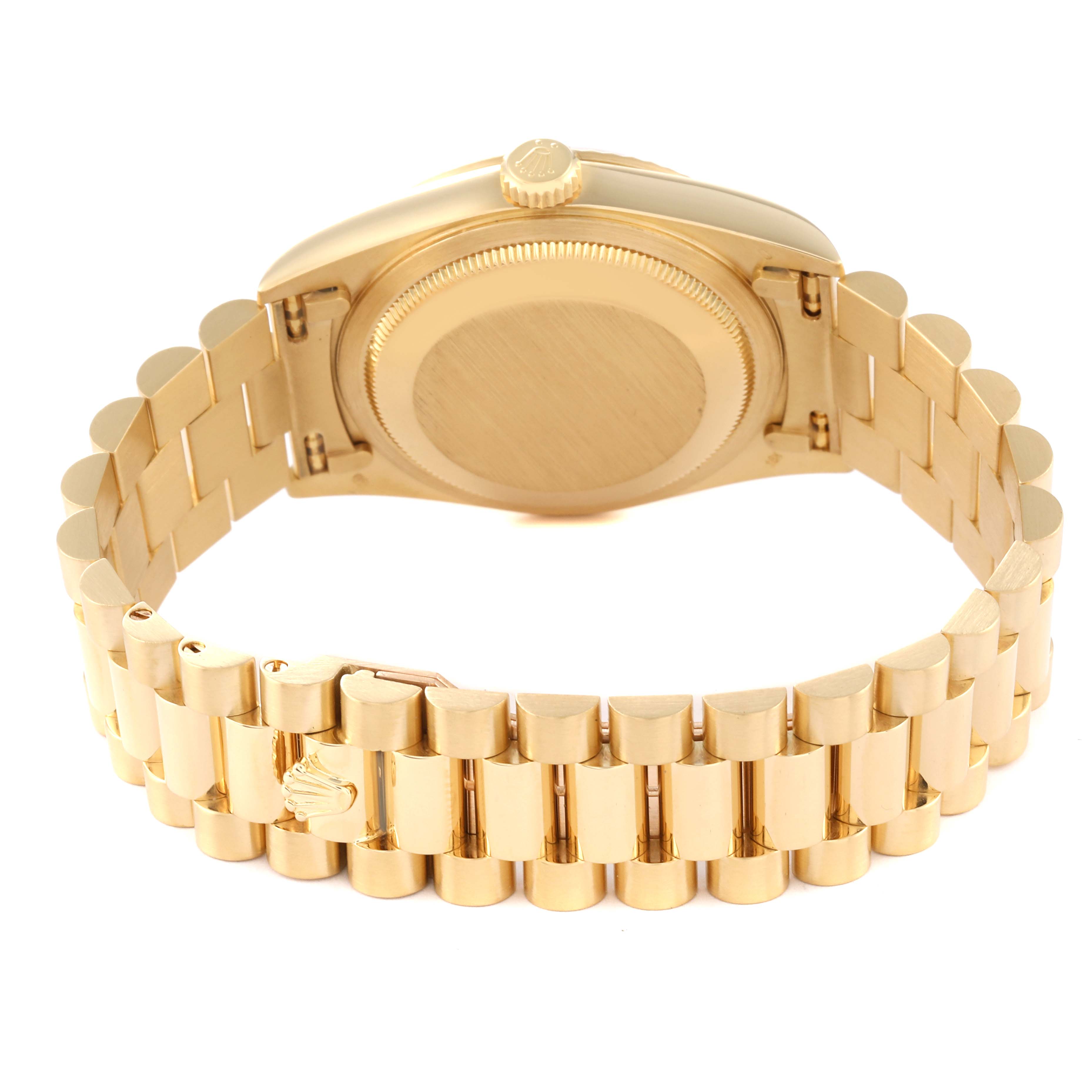 This image shows the back view of the Rolex President 18238 Men's Yellow Gold Champagne Dial 18238 Men's Yellow Gold Champagne Dial model watch, highlighting the case back and bracelet.