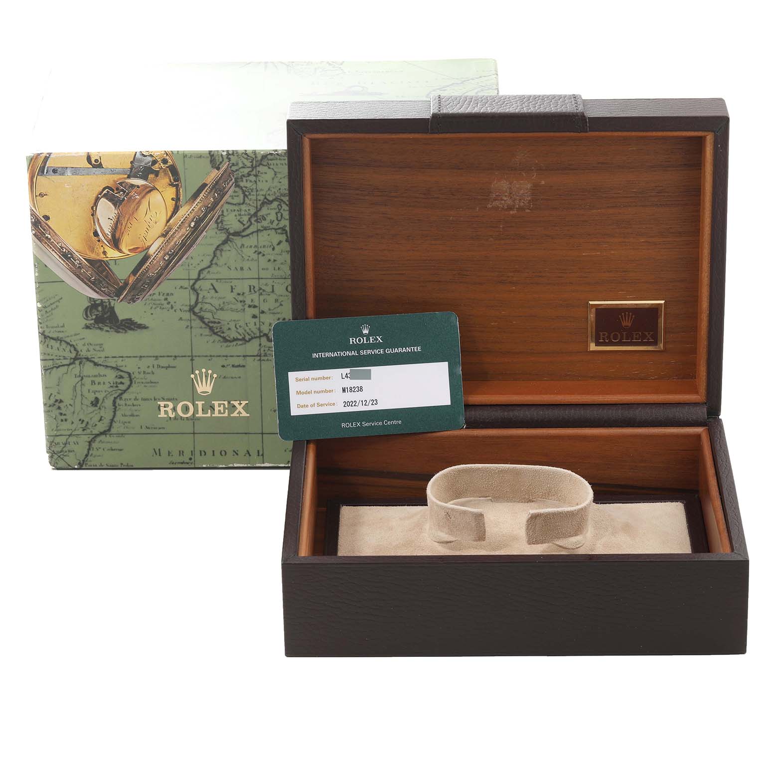 The image shows a Rolex President 18238 Men's Yellow Gold Champagne Dial 18238 Men's Yellow Gold Champagne Dial model box, international guarantee card, and an empty watch cushion.