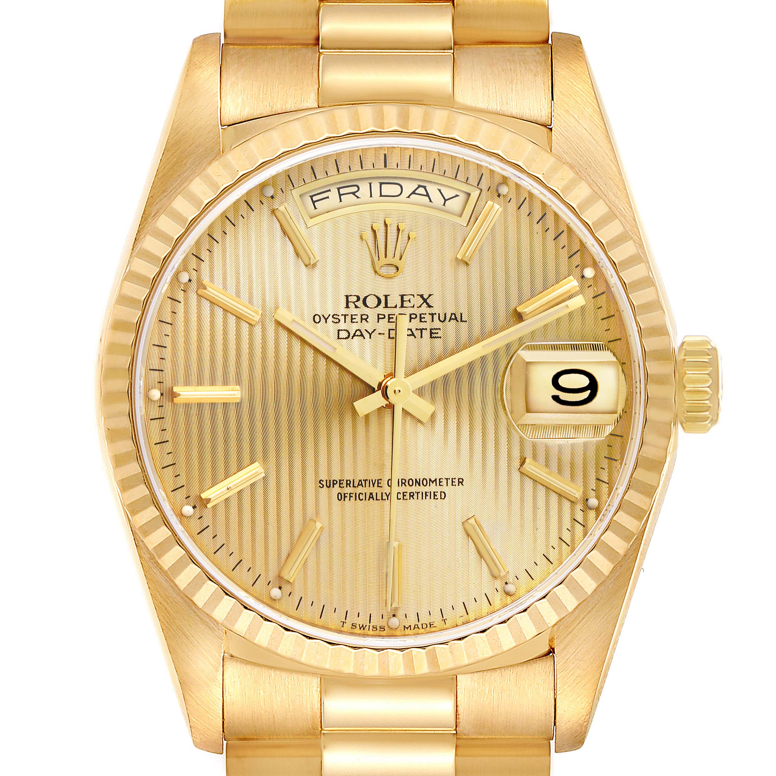 The Rolex President 18238 Men
s Yellow Gold Champagne Dial watch is shown from the front, highlighting its dial, day/date display, crown, and bracelet.