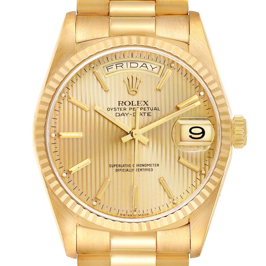 The Rolex President 18238 Men's Yellow Gold Champagne Dial watch is shown from the front, highlighting its dial, day/date display, crown, and bracelet.