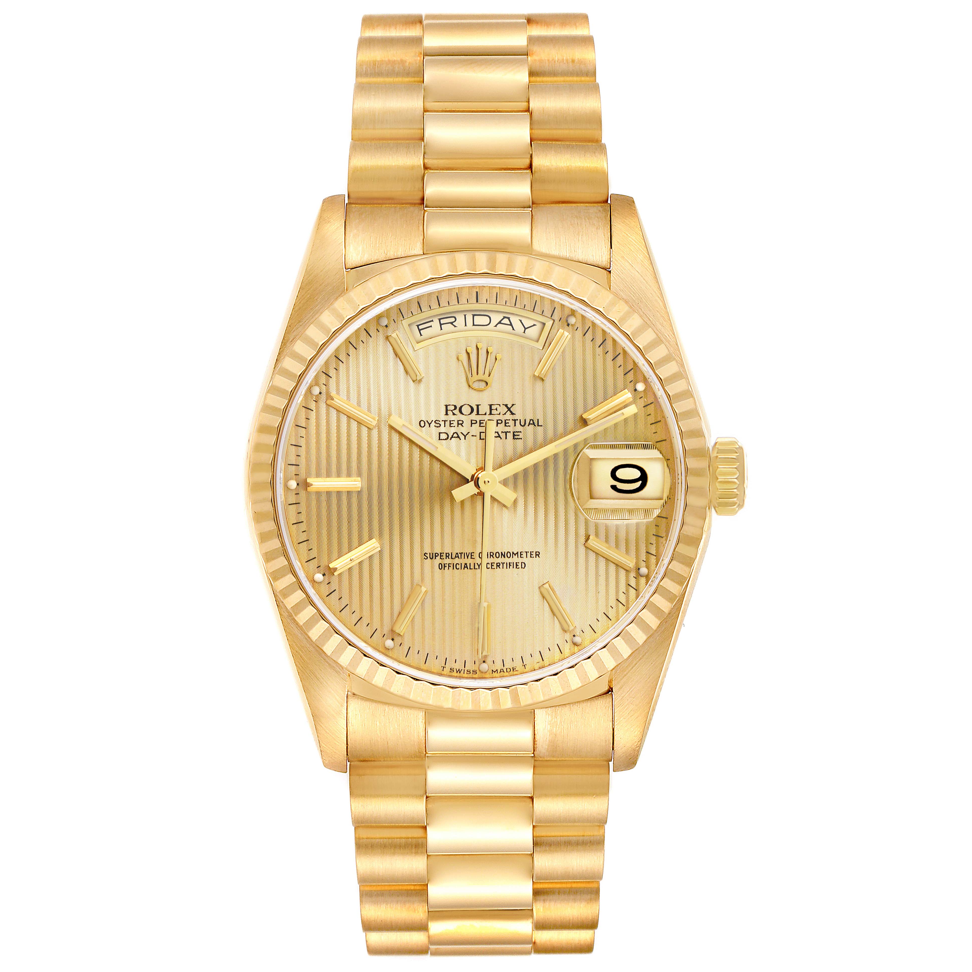 The Rolex President 18238 Men
s Yellow Gold Champagne Dial model watch is shown from the front, displaying the face, bezel, bracelet, day, and date features.