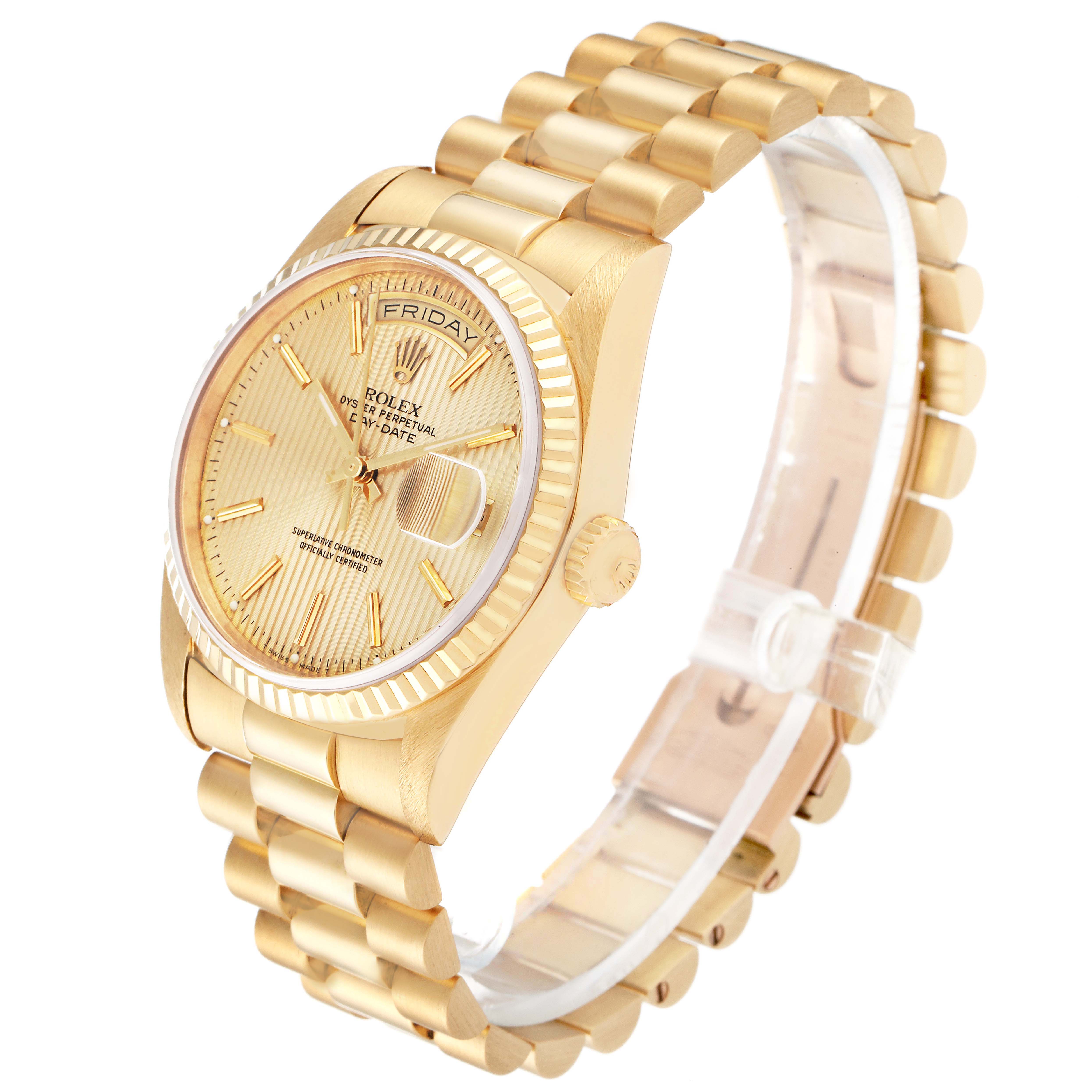 The Rolex President 18238 Men
s Yellow Gold Champagne Dial watch is shown from an angled side view, highlighting the gold dial, fluted bezel, bracelet, and day-date display.