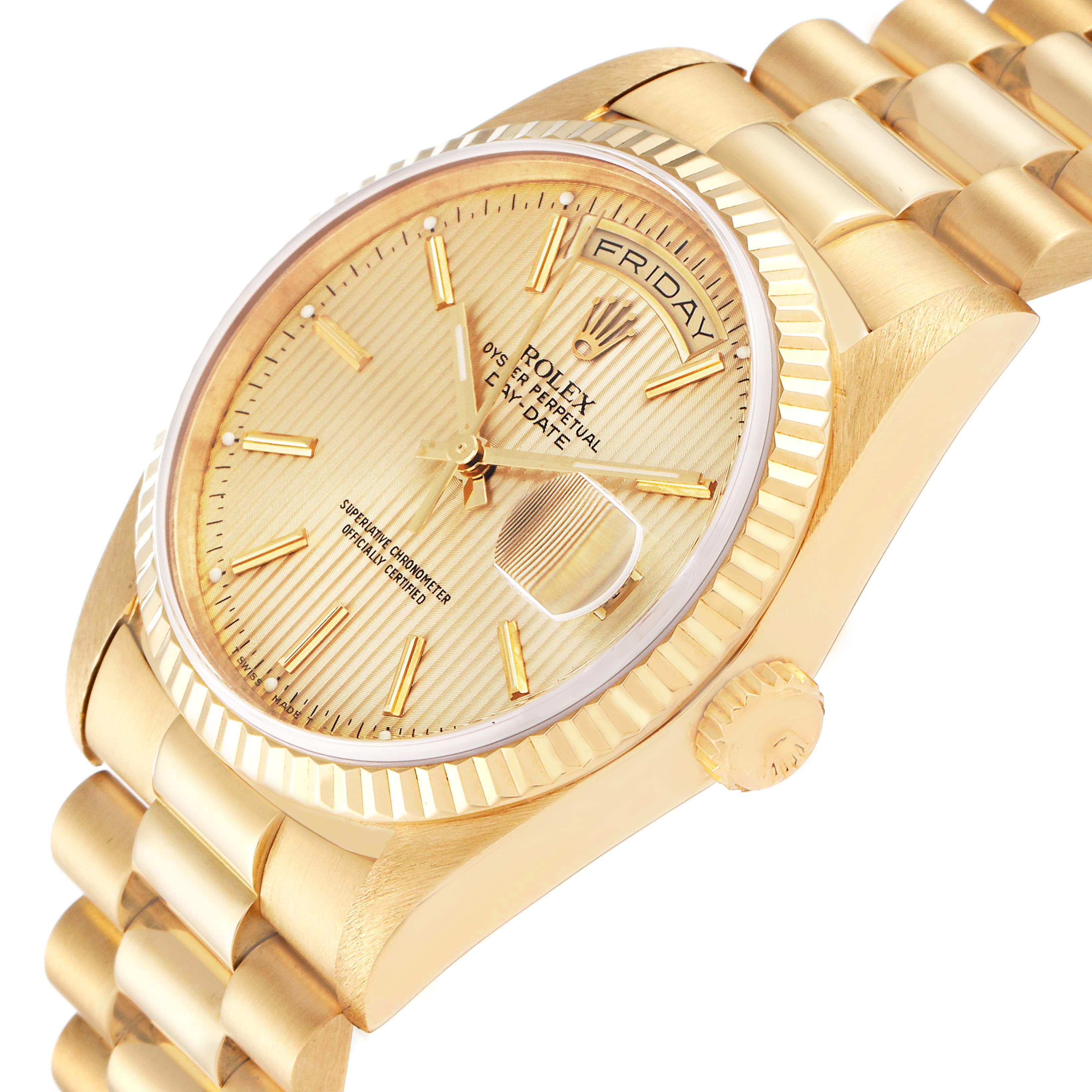 The Rolex President 18238 Men
s Yellow Gold Champagne Dial model watch is shown at a slight angle, displaying the face, crown, and partial bracelet.