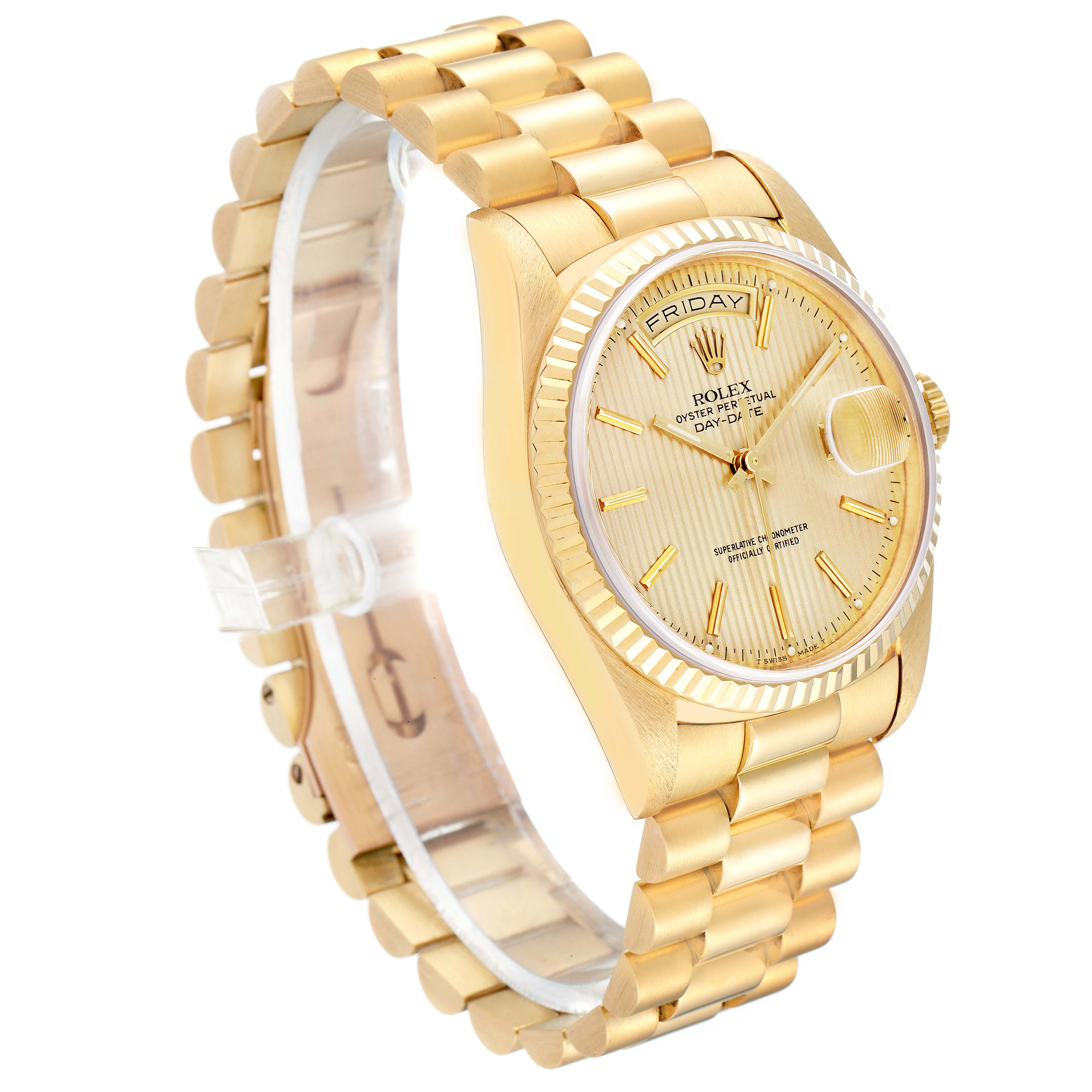 The Rolex President 18238 Men
s Yellow Gold Champagne Dial model is shown at a slight angle, highlighting the dial, bezel, and bracelet prominently.