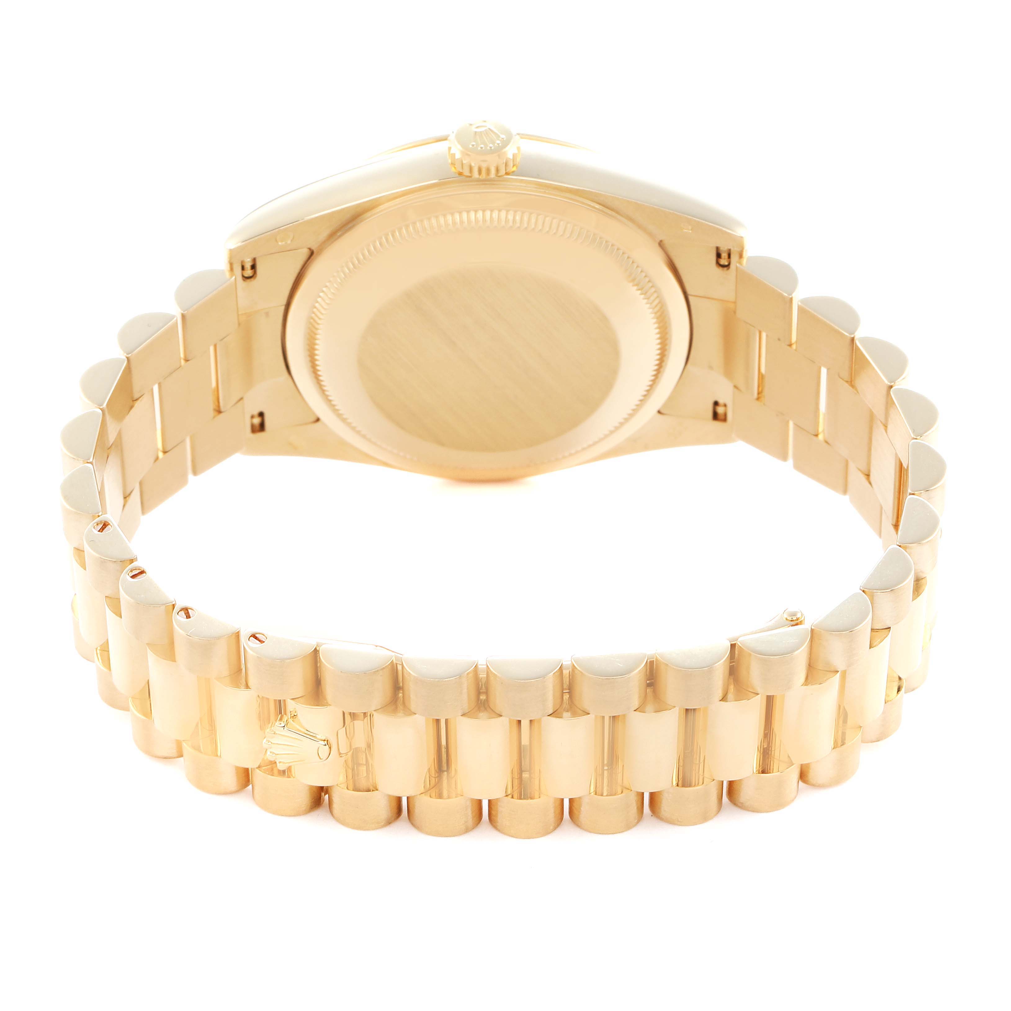 The image shows the back and bracelet of the Rolex President 118238 Men
s Yellow Gold White Dial watch, highlighting its case and clasp from a rear angle.