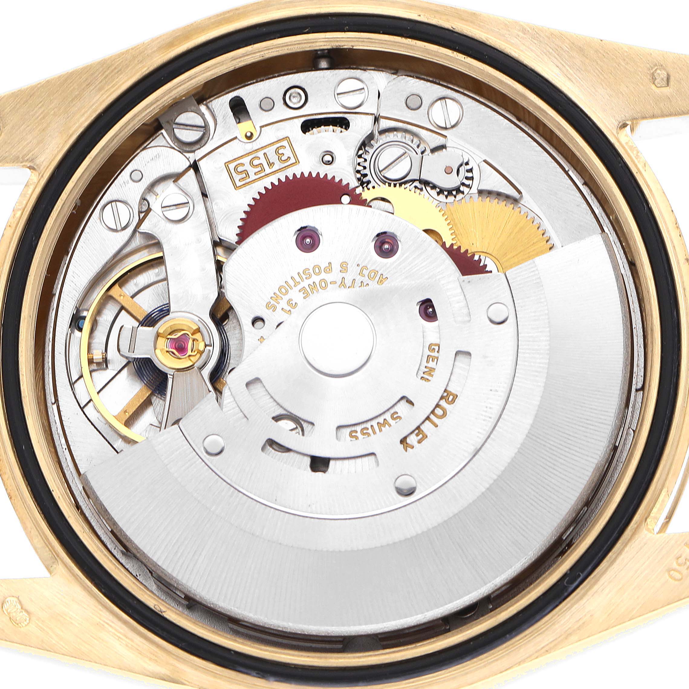 The Rolex President 118238 Men
s Yellow Gold White Dial watch is shown from the back, highlighting its movement and internal mechanics.