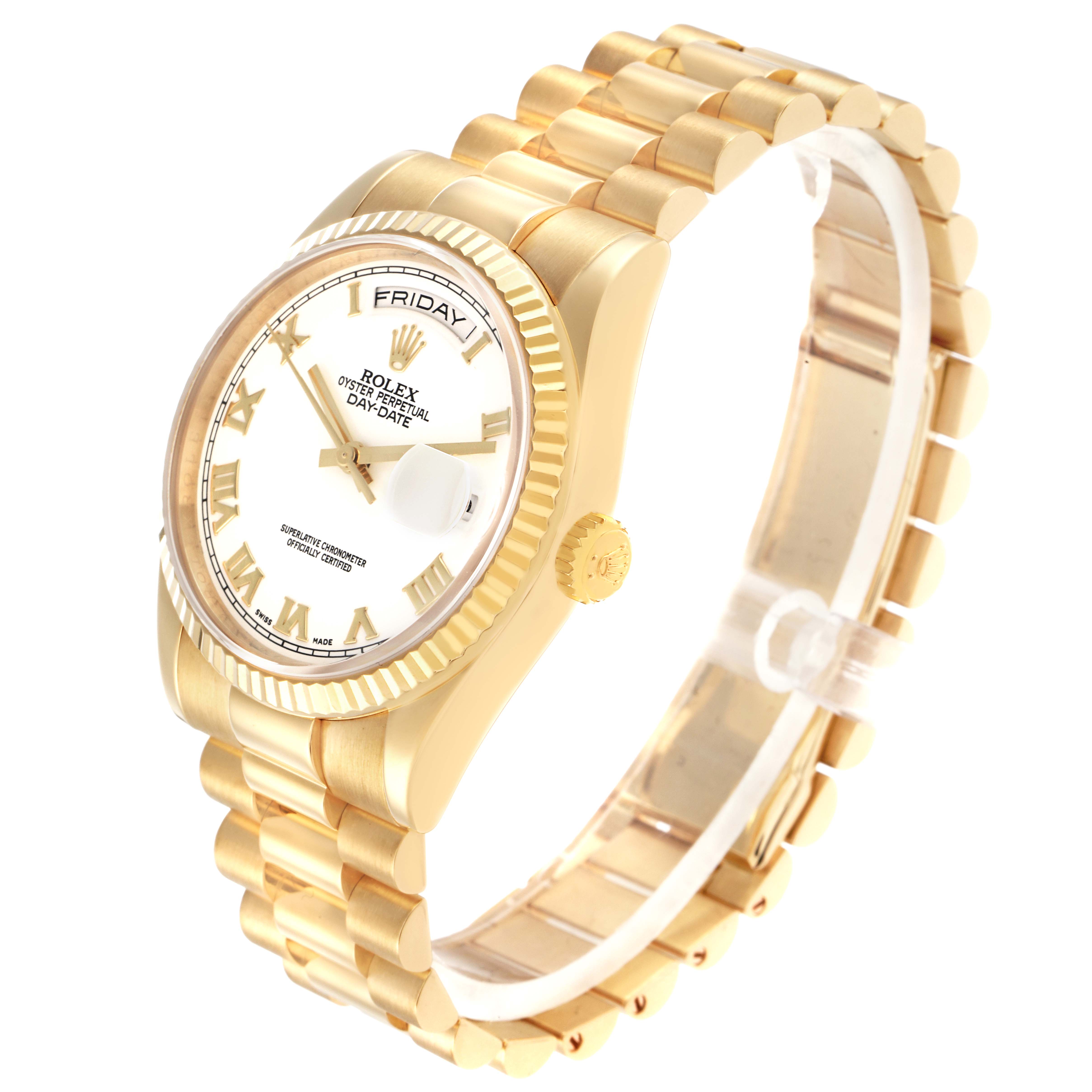 The Rolex President 118238 Men
s Yellow Gold White Dial model is shown at a slight angle, highlighting the gold bracelet, bezel, and watch face with day and date features.