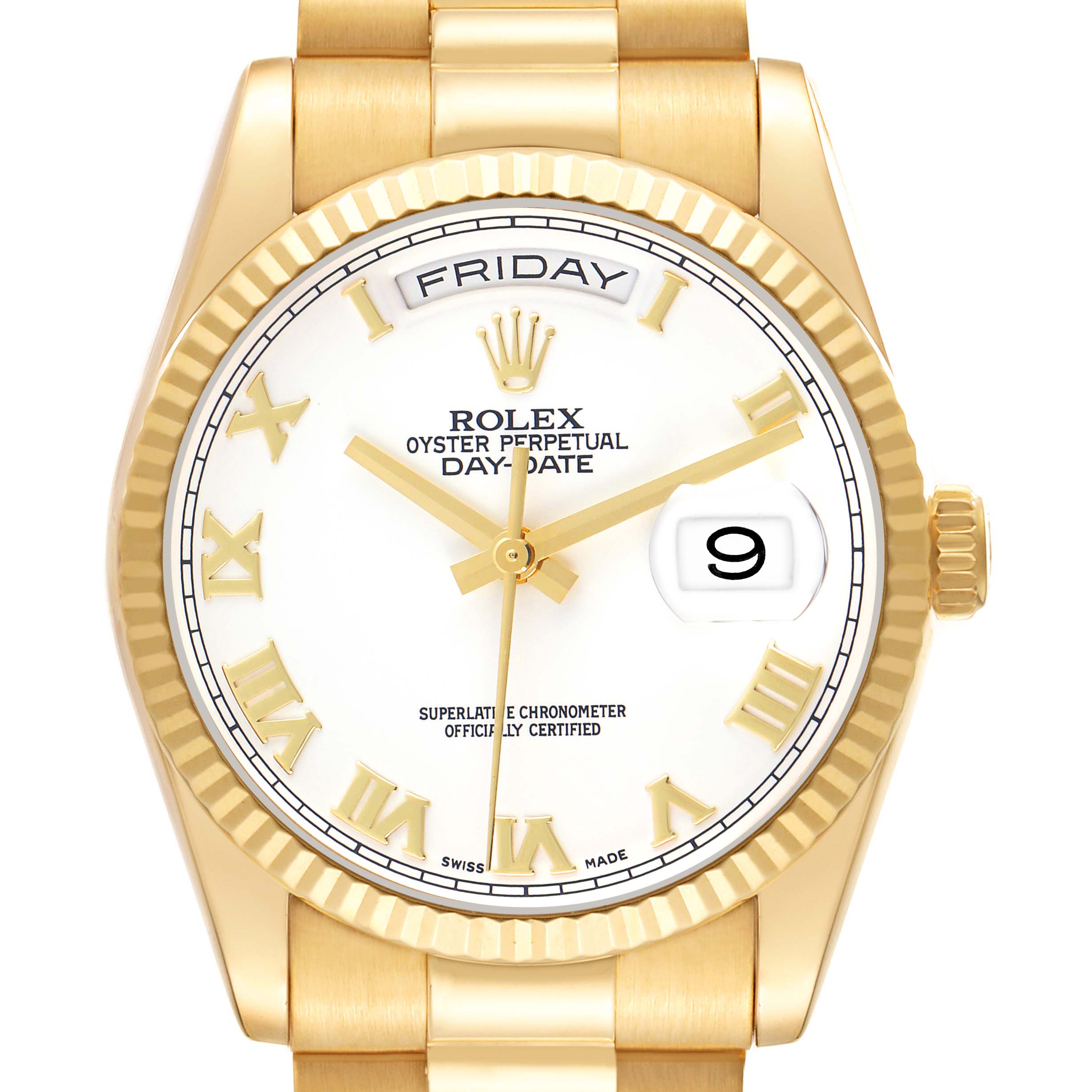 The Rolex President 118238 Men
s Yellow Gold White Dial model is shown from the front, highlighting the dial, fluted bezel, and part of the bracelet.