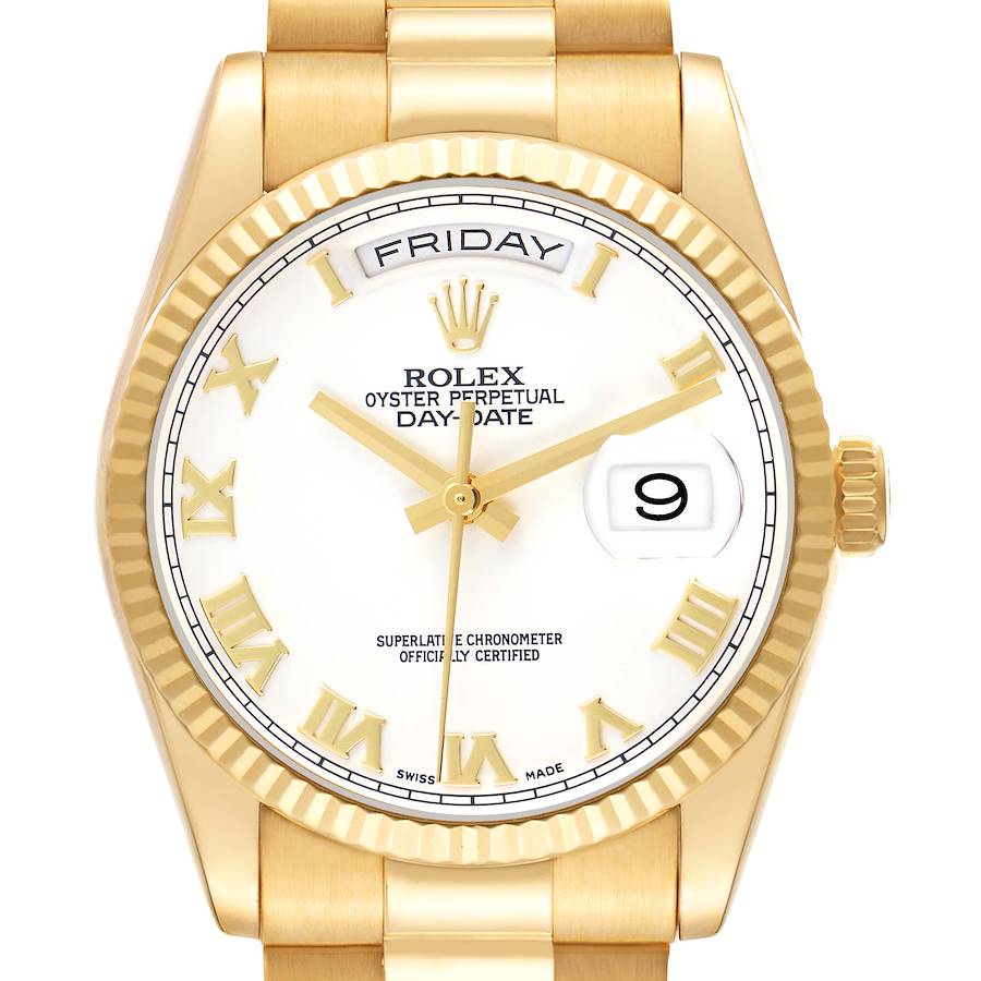 The Rolex President 118238 Men's Yellow Gold White Dial model is shown from the front, highlighting the dial, fluted bezel, and part of the bracelet.