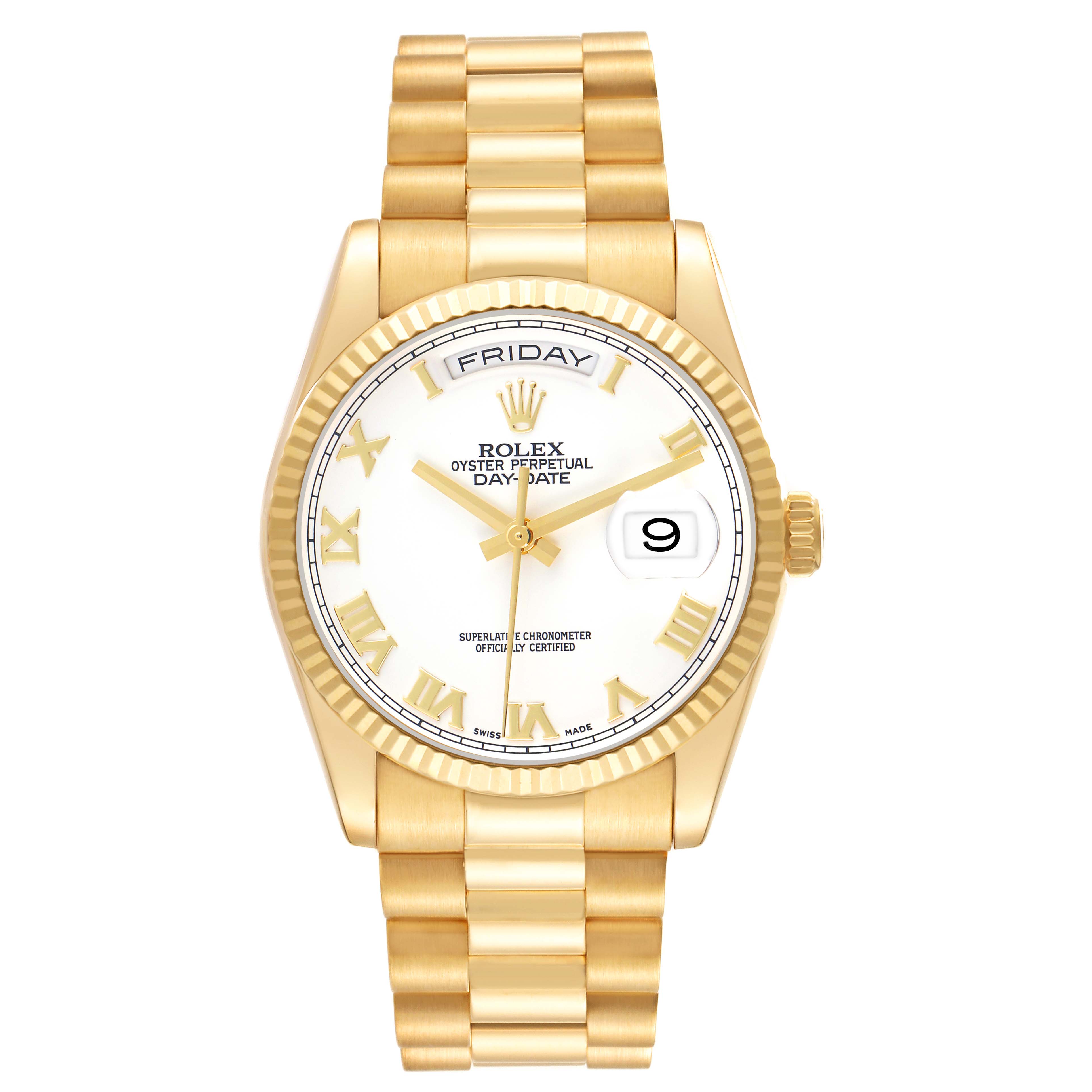 The image shows a frontal view of a Rolex President 118238 Men
s Yellow Gold White Dial model watch, highlighting its gold case, bracelet, and white dial with day-date features.