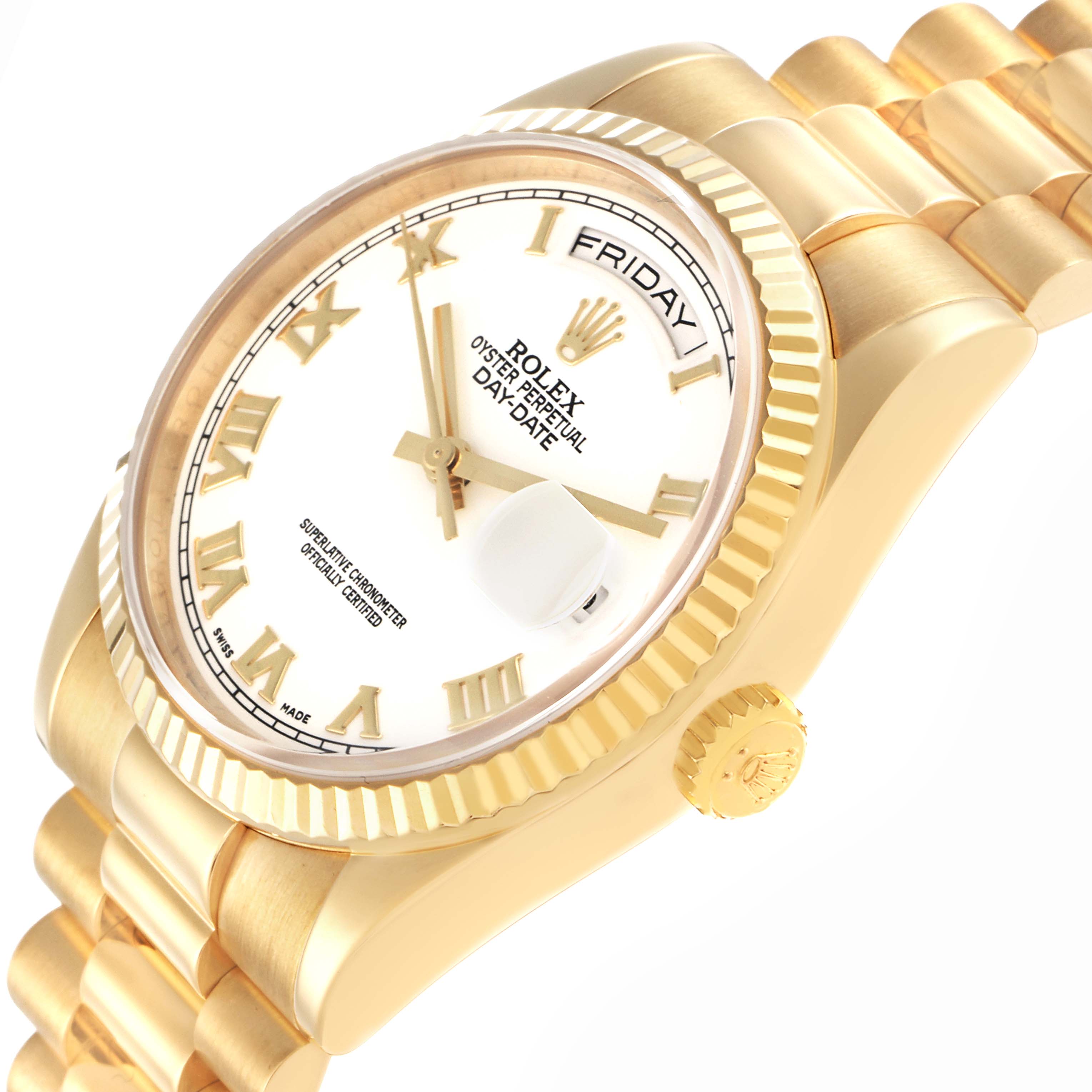 The Rolex President 118238 Men
s Yellow Gold White Dial model is shown at a side angle, highlighting the dial, fluted bezel, and part of the bracelet.
