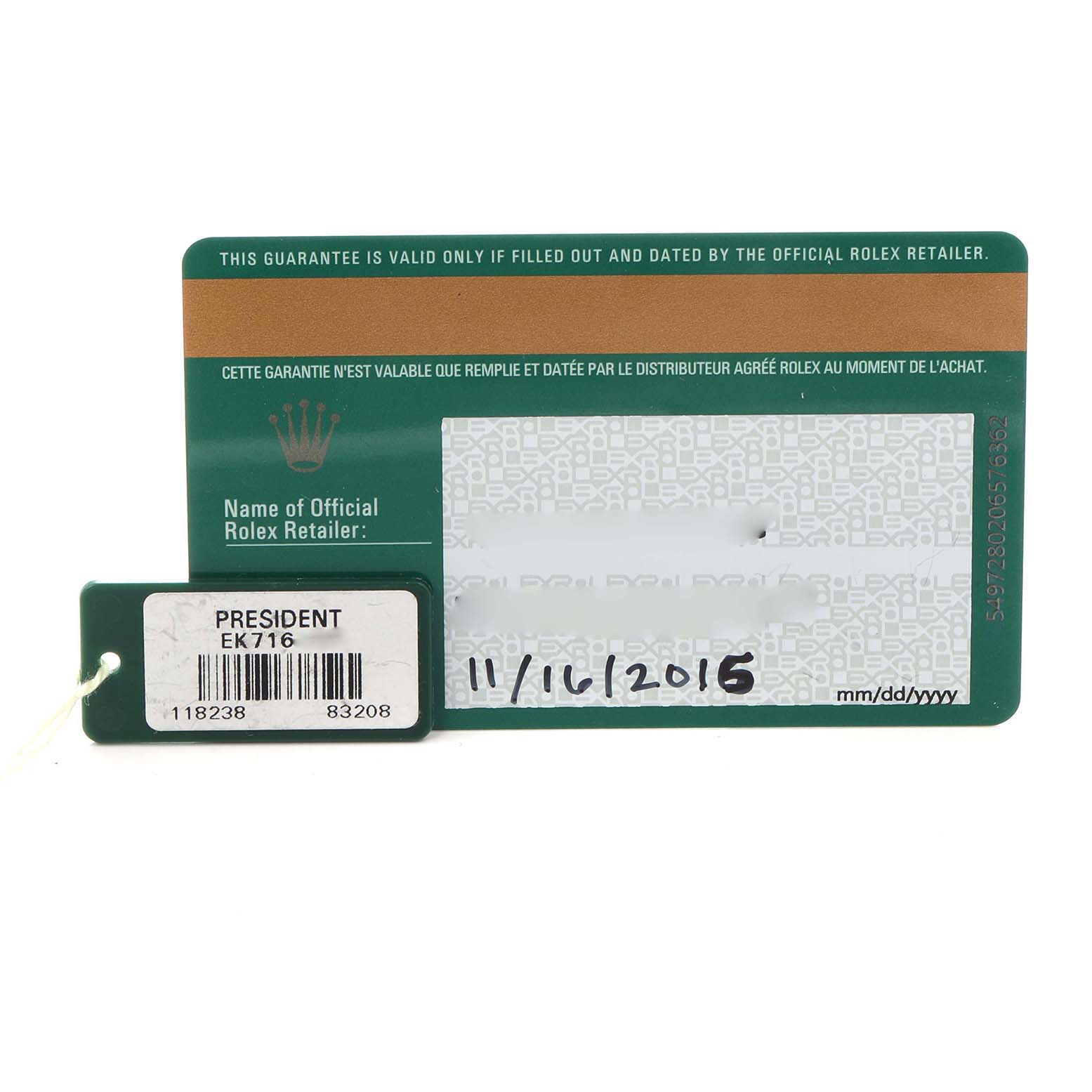 The image shows a Rolex President 118238 Men
s Yellow Gold White Dial model warranty card and hang tag from a frontal angle.