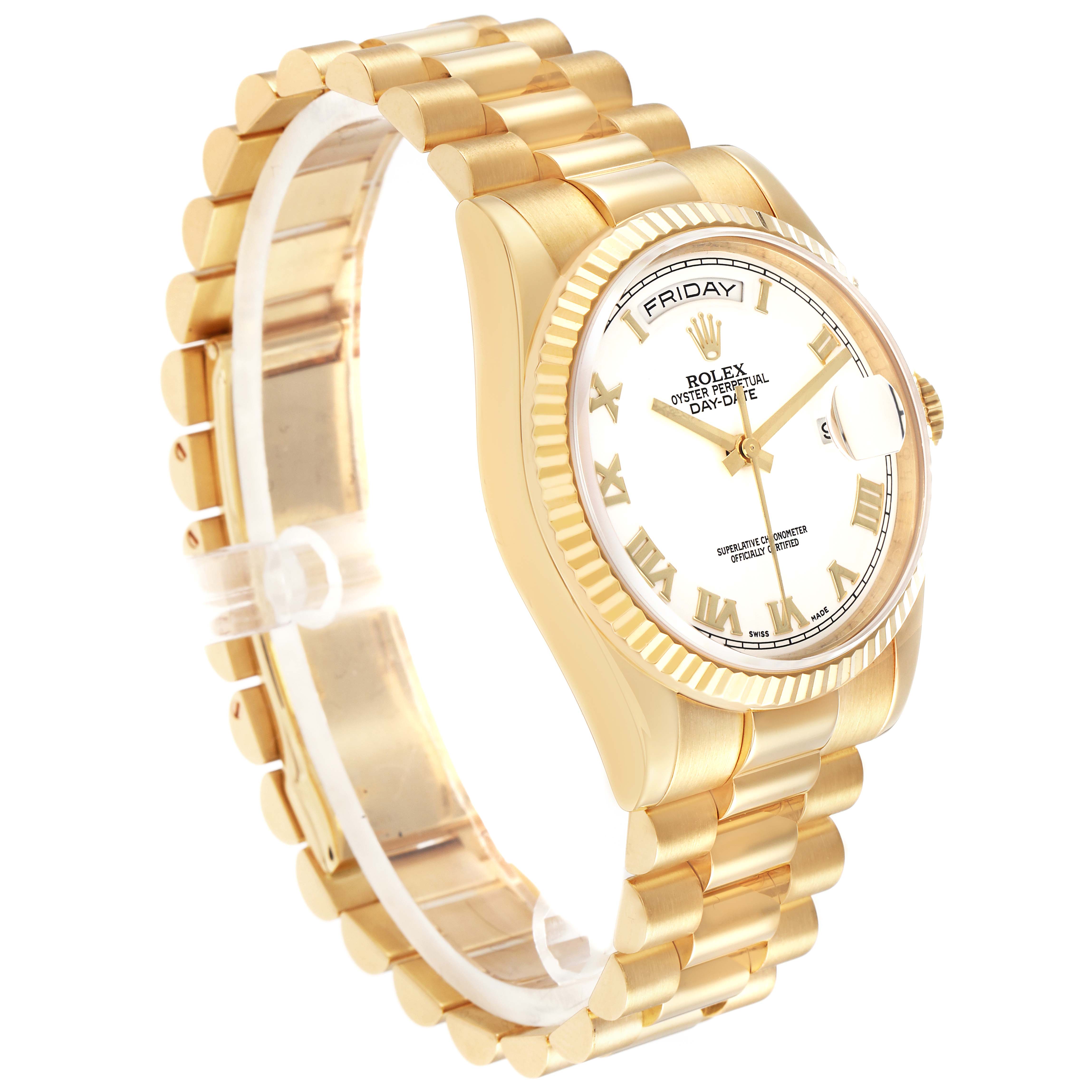 The Rolex President 118238 Men
s Yellow Gold White Dial watch is shown at a three-quarter angle, highlighting the dial, fluted bezel, and bracelet.