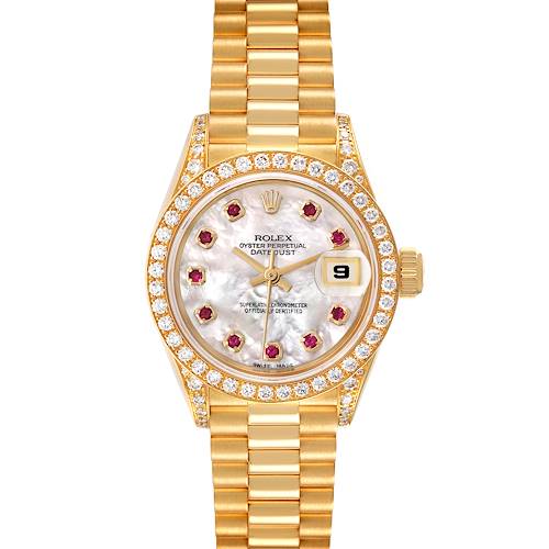 Photo of Rolex President  Yellow Gold Mother Of Pearl Dial Ruby Diamond Watch 69158 Box Papers