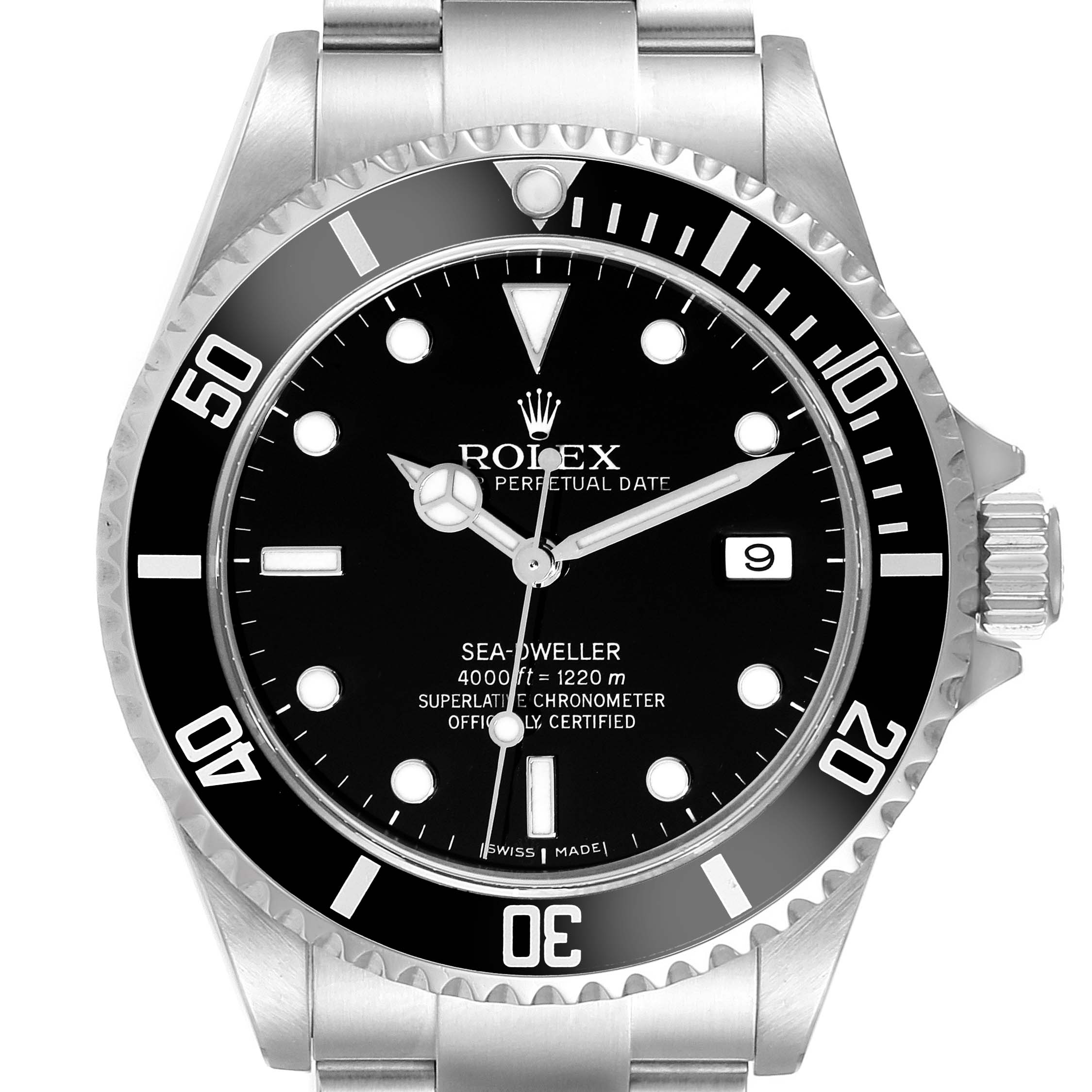 This image shows the front view of the Rolex Sea-Dweller 16600 Men
s Stainless Steel Black Dial 16600 Men
s Stainless Steel Black Dial watch, highlighting the dial, bezel, and the case with its crown.
