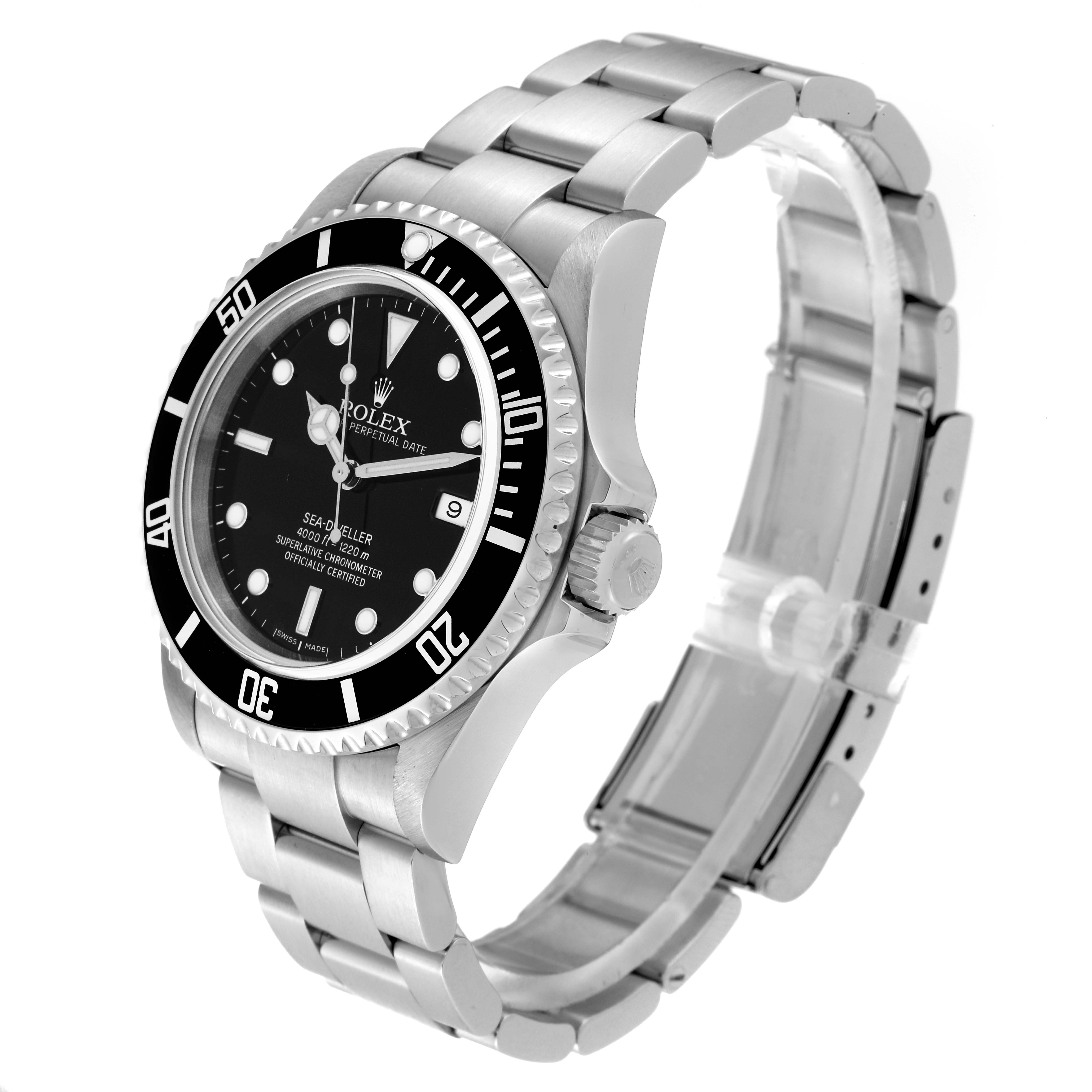 This image shows a Rolex Sea-Dweller 16600 Men
s Stainless Steel Black Dial 16600 Men
s Stainless Steel Black Dial watch at a slight angle, featuring the face, bezel, crown, and stainless steel bracelet.