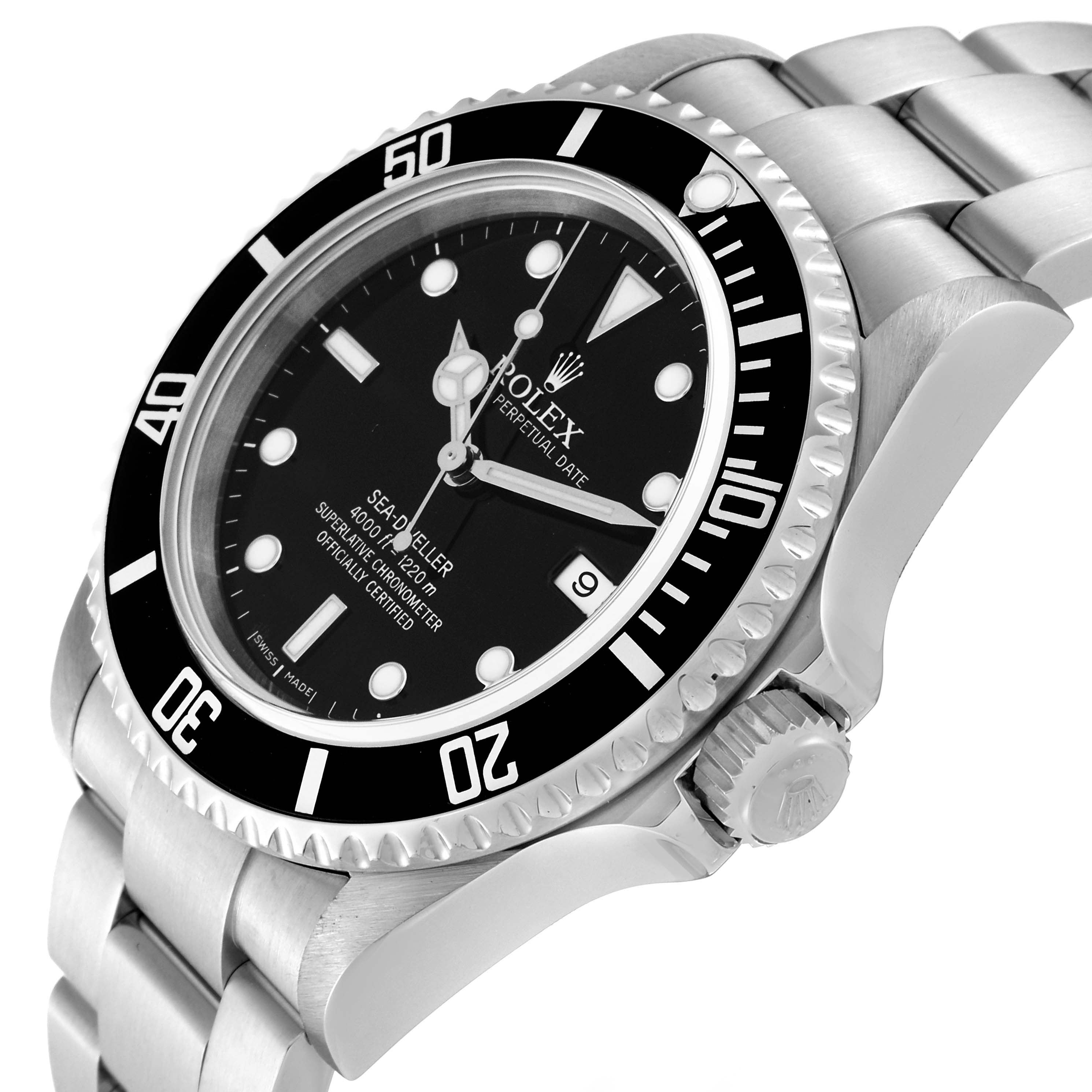 The image shows a Rolex Sea-Dweller 16600 Men
s Stainless Steel Black Dial 16600 Men
s Stainless Steel Black Dial watch at an angled view, highlighting its dial, bezel, and part of the bracelet.