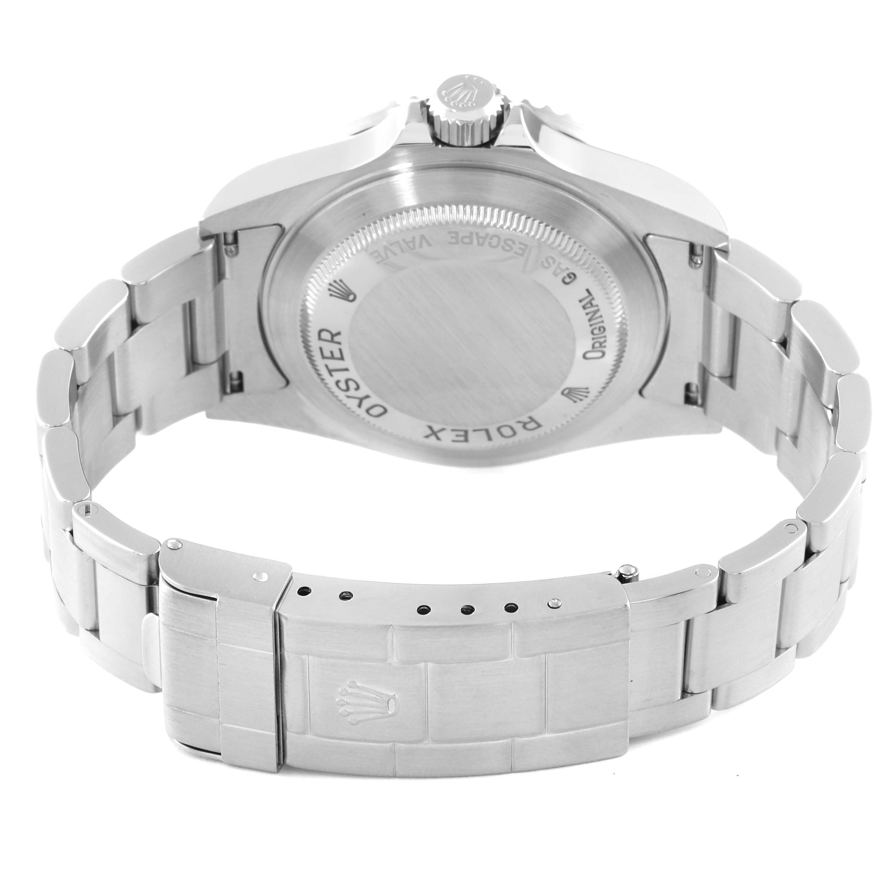 The image shows the back and bracelet of a Rolex Sea-Dweller 16600 Men
s Stainless Steel Black Dial 16600 Men
s Stainless Steel Black Dial watch, highlighting the case back, crown, and Oyster bracelet.