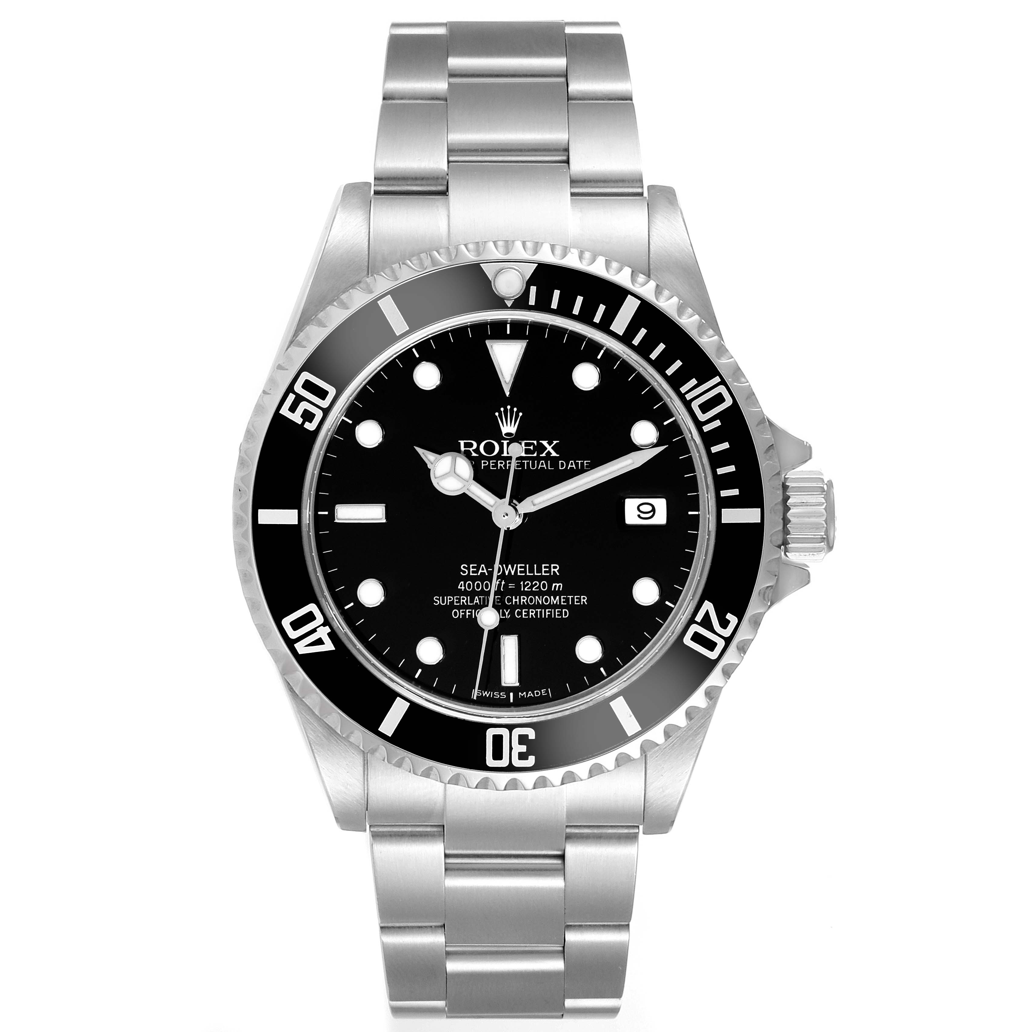 The Rolex Sea-Dweller 16600 Men
s Stainless Steel Black Dial 16600 Men
s Stainless Steel Black Dial watch is shown from the front angle, displaying its dial, bezel, bracelet, and date window.