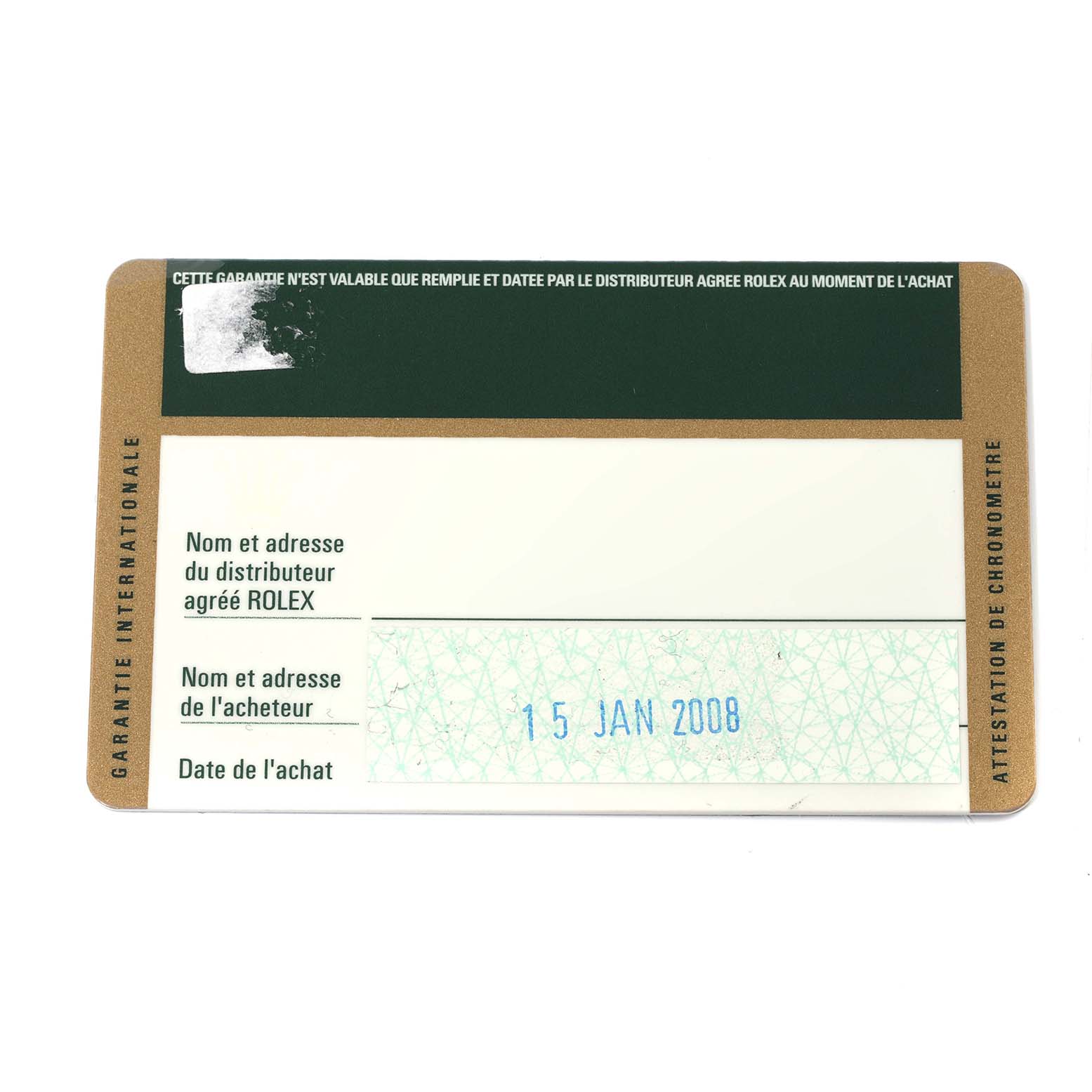 The image shows a warranty card for the Sea-Dweller model by Rolex, dated January 15, 2008.