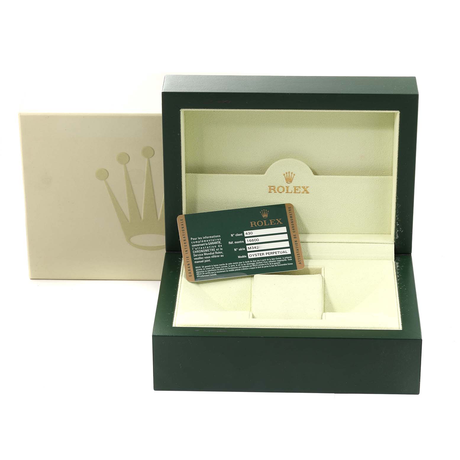 The image shows an open box and a guarantee card for the Rolex Sea-Dweller 16600 Men
s Stainless Steel Black Dial 16600 Men
s Stainless Steel Black Dial watch, viewed from the front.