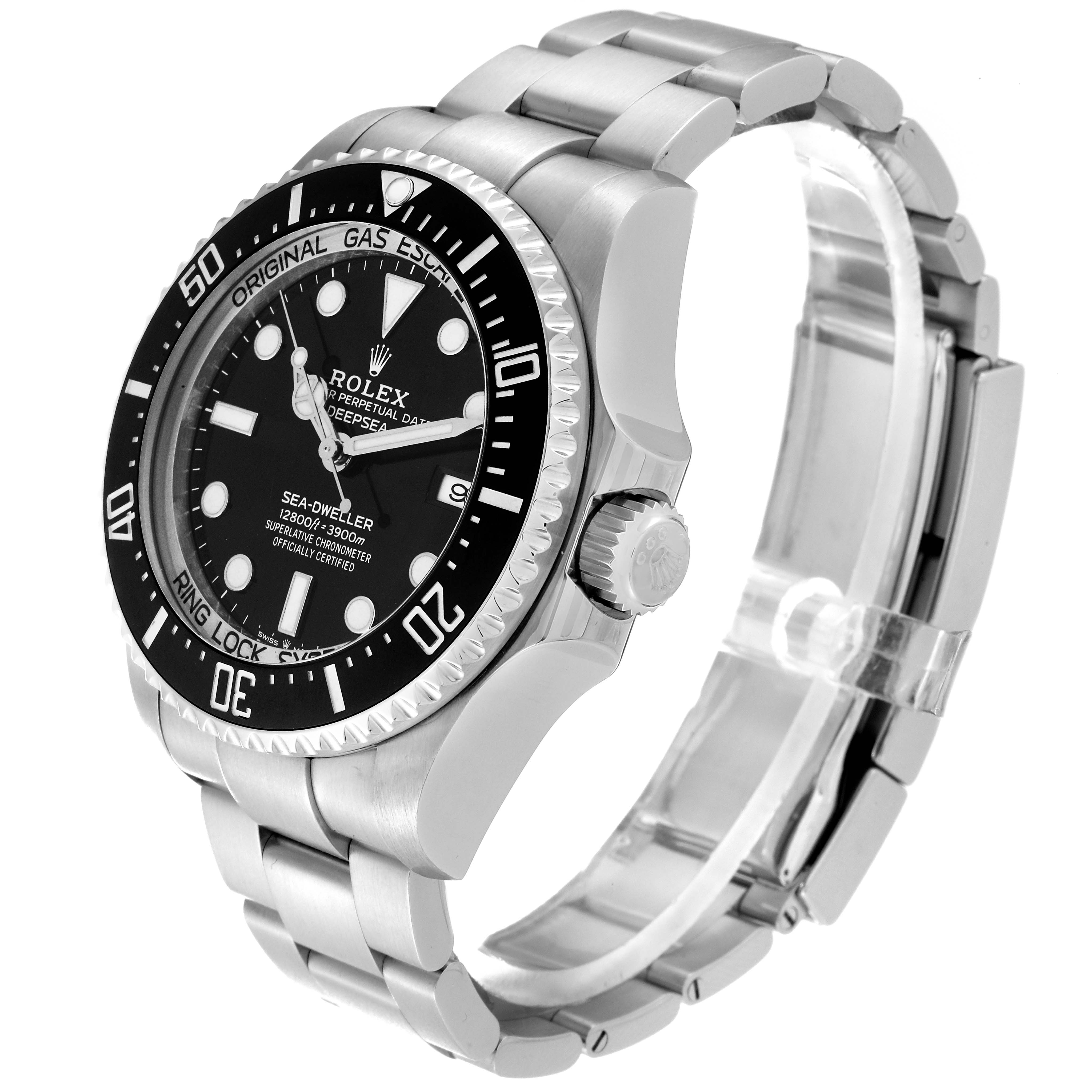 The image shows a Rolex Sea-Dweller 126660 Men
s Stainless Steel Black Dial 126660 Men
s Stainless Steel Black Dial watch angled to display the face, bezel, crown, and part of the bracelet.