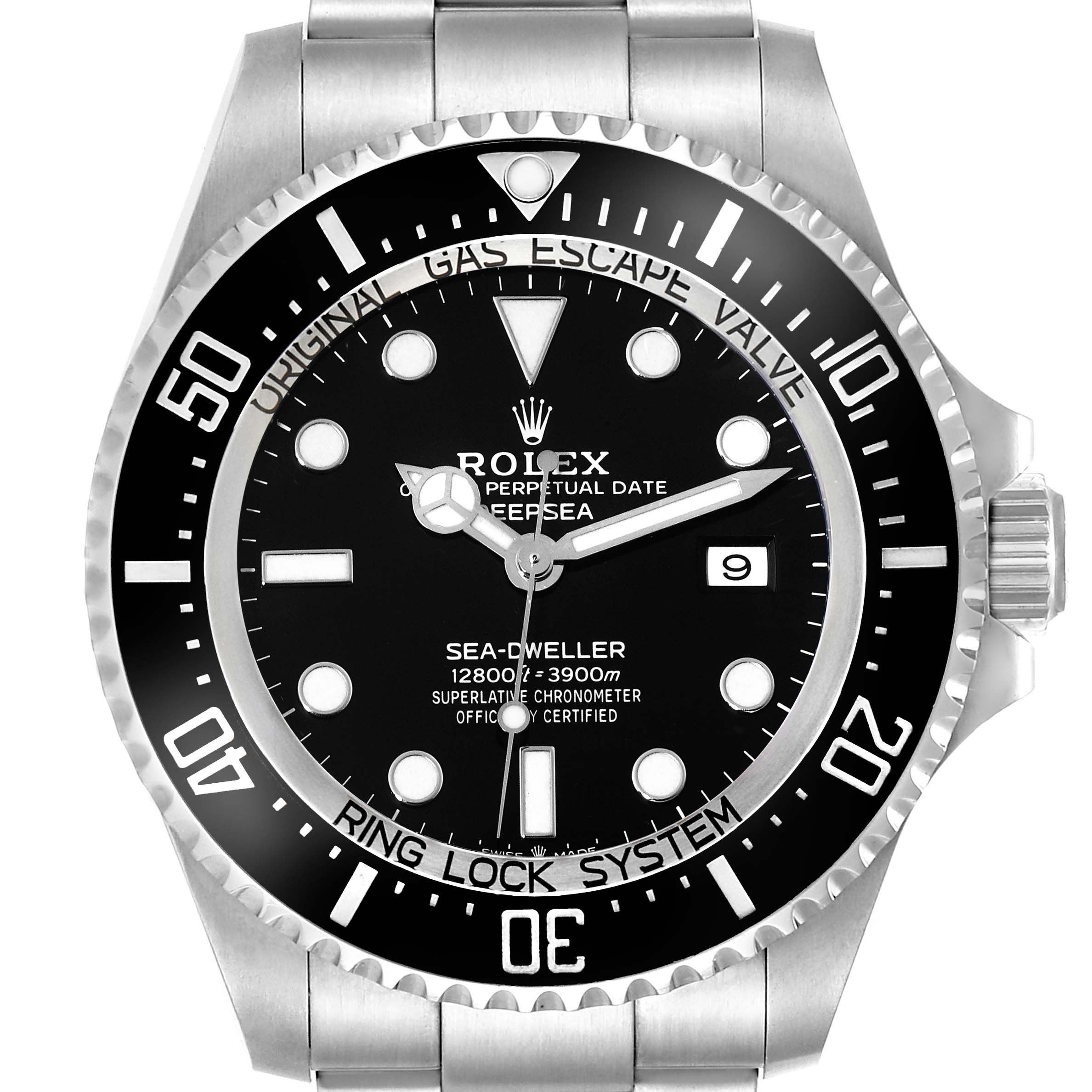 The image shows a front view of a Rolex Sea-Dweller 126660 Men
s Stainless Steel Black Dial 126660 Men
s Stainless Steel Black Dial watch, highlighting the dial, bezel, and part of the bracelet.
