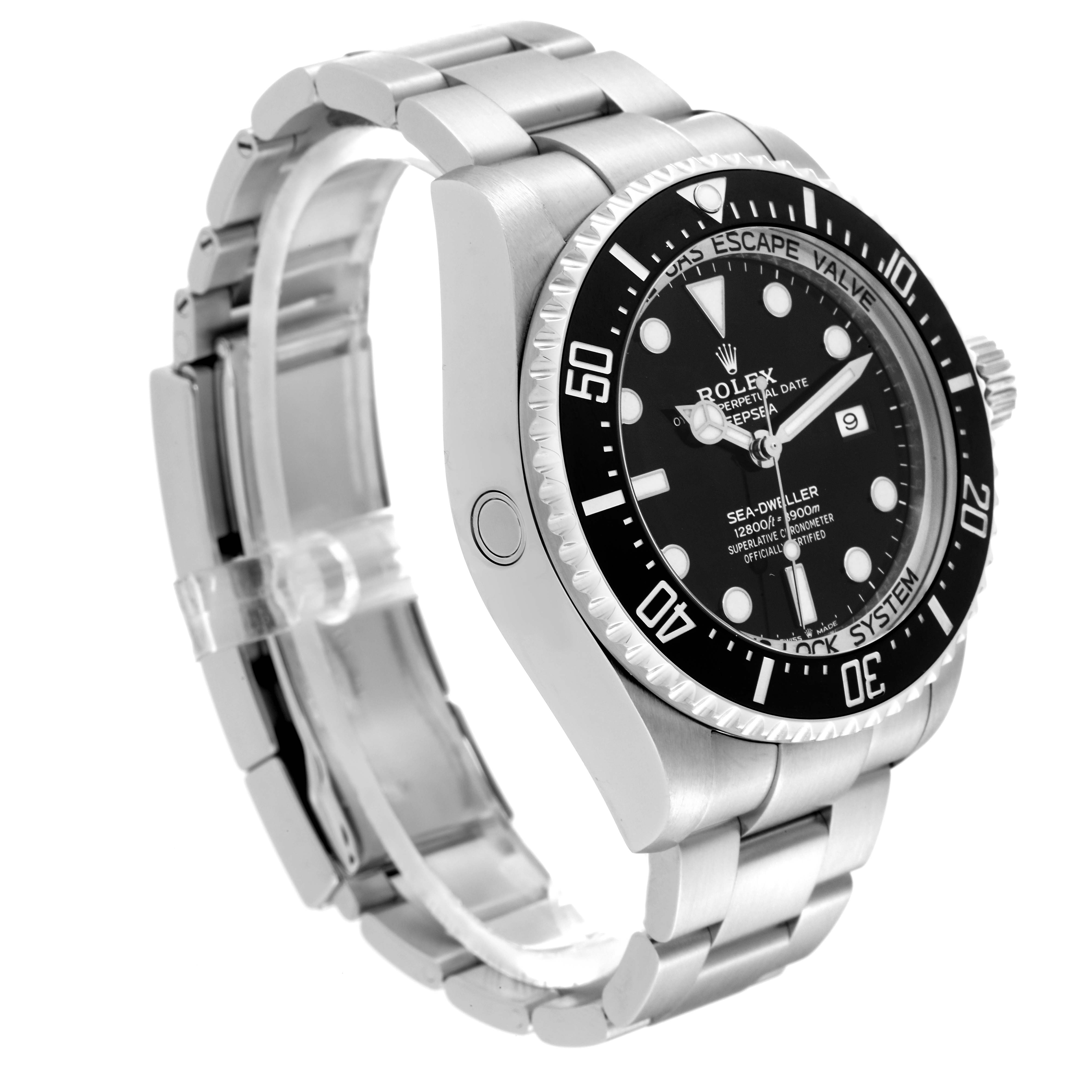 The image shows a Rolex Sea-Dweller 126660 Men
s Stainless Steel Black Dial 126660 Men
s Stainless Steel Black Dial watch at an angle highlighting the bezel, face, crown, and part of the bracelet.