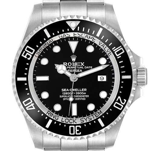 The image shows a front view of the Rolex Sea-Dweller watch, displaying its dial, bezel, and part of the stainless steel bracelet.