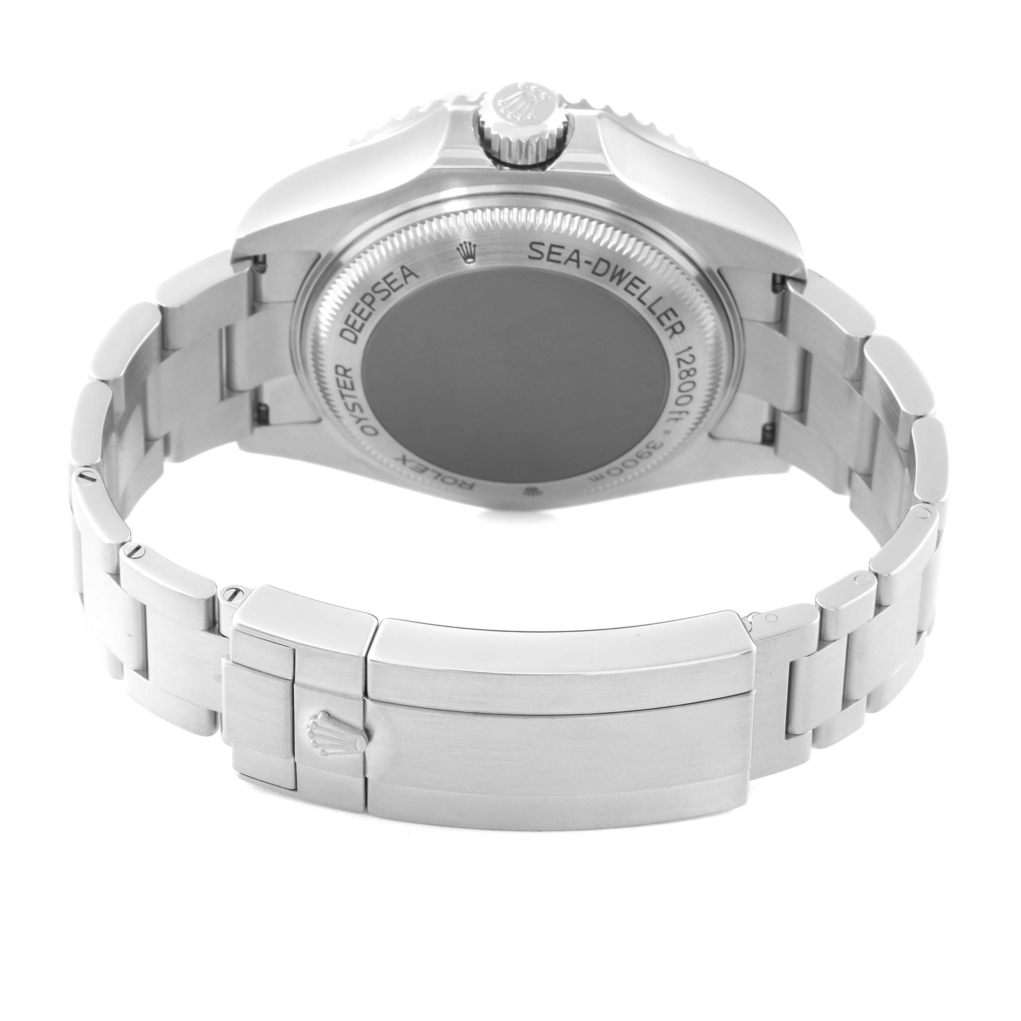 This is a rear view of the Rolex Sea-Dweller 126660 Men
s Stainless Steel Black Dial 126660 Men
s Stainless Steel Black Dial watch, showing the case back, crown, and bracelet clasp.