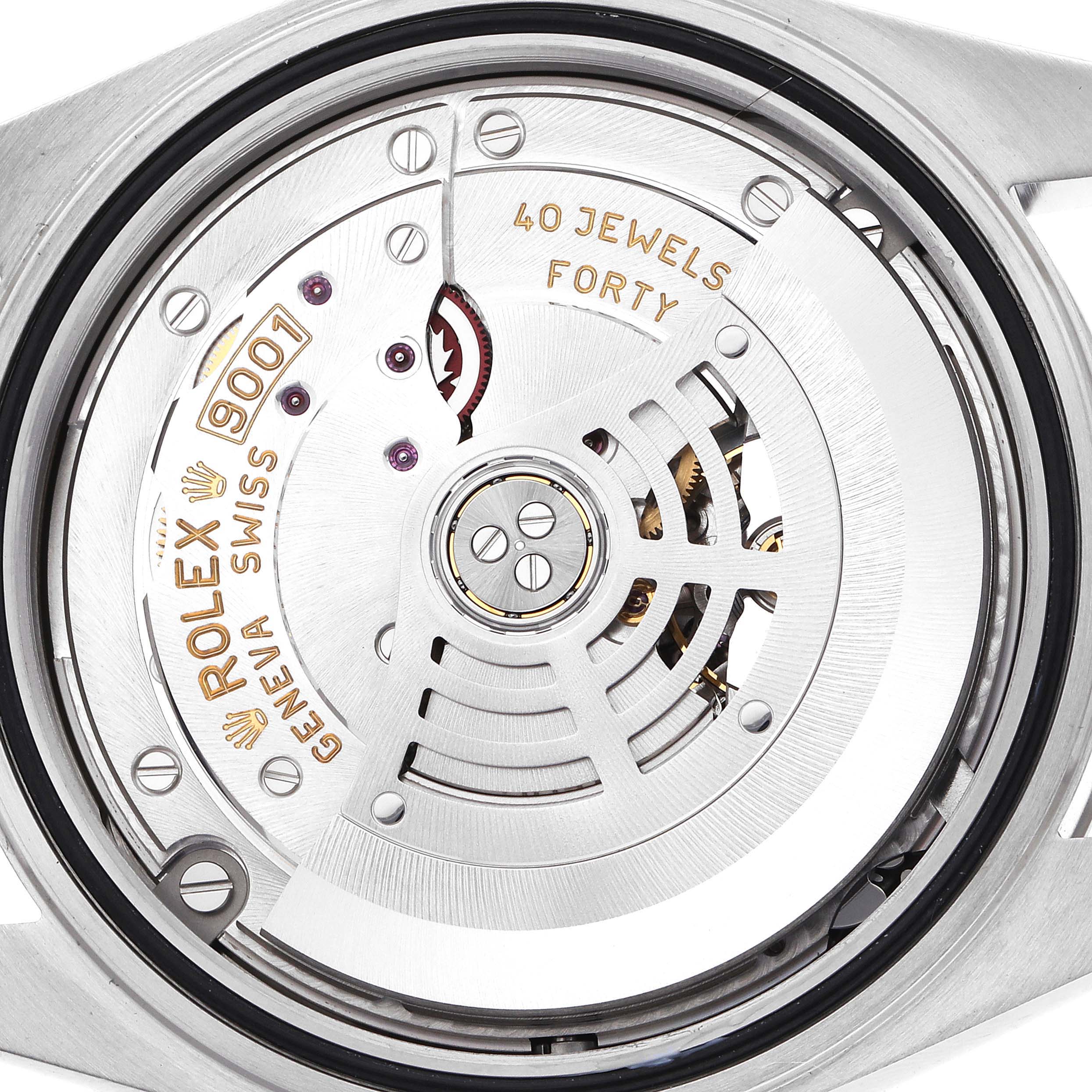 The image shows the back of a Rolex Sky-Dweller 326934 Men
s Stainless Steel Blue Dial watch, highlighting the movement and rotor with "40 JEWELS" engraving.