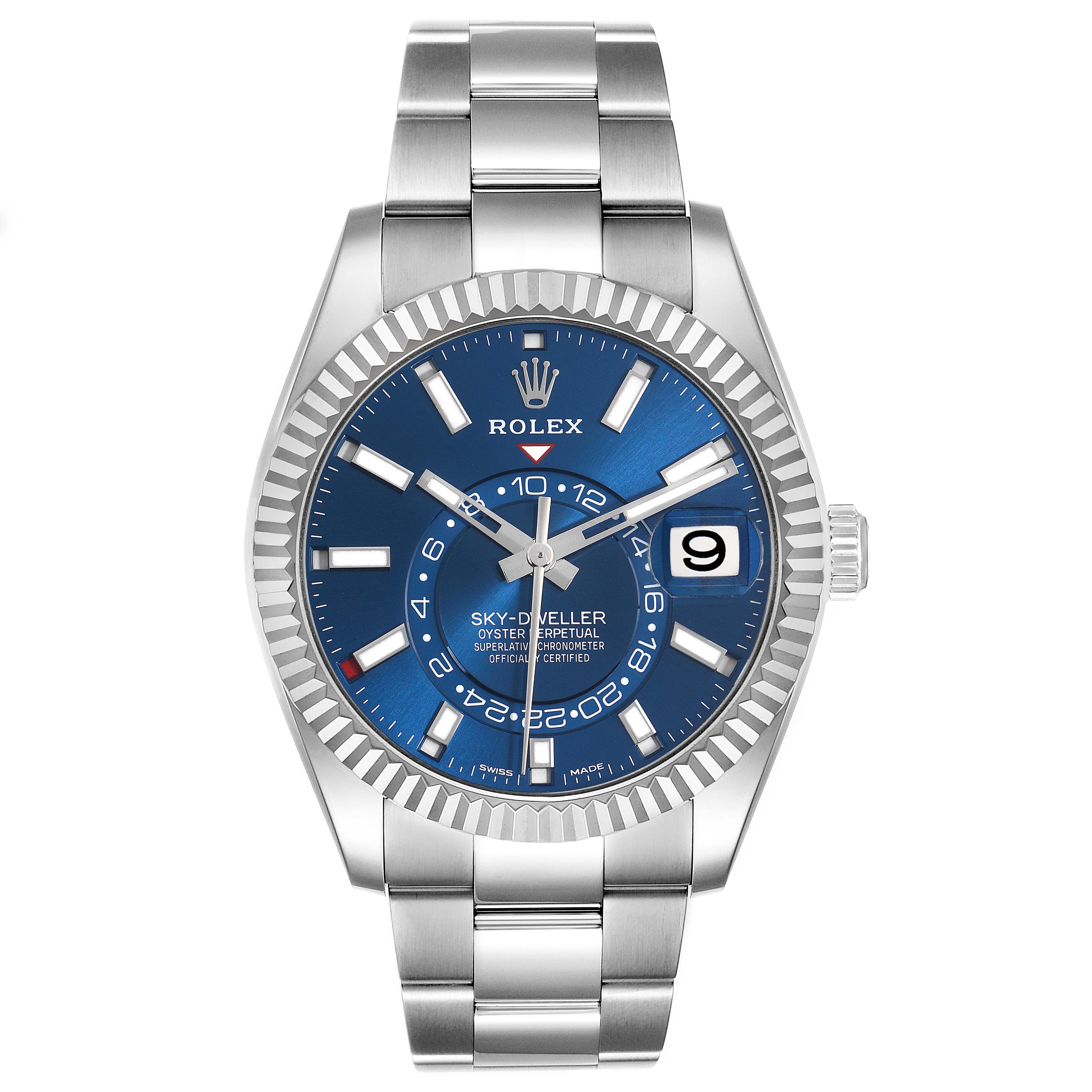 The Rolex Sky-Dweller 326934 Men
s Stainless Steel Blue Dial watch is shown from a front angle, featuring the blue dial, bezel, case, and bracelet.