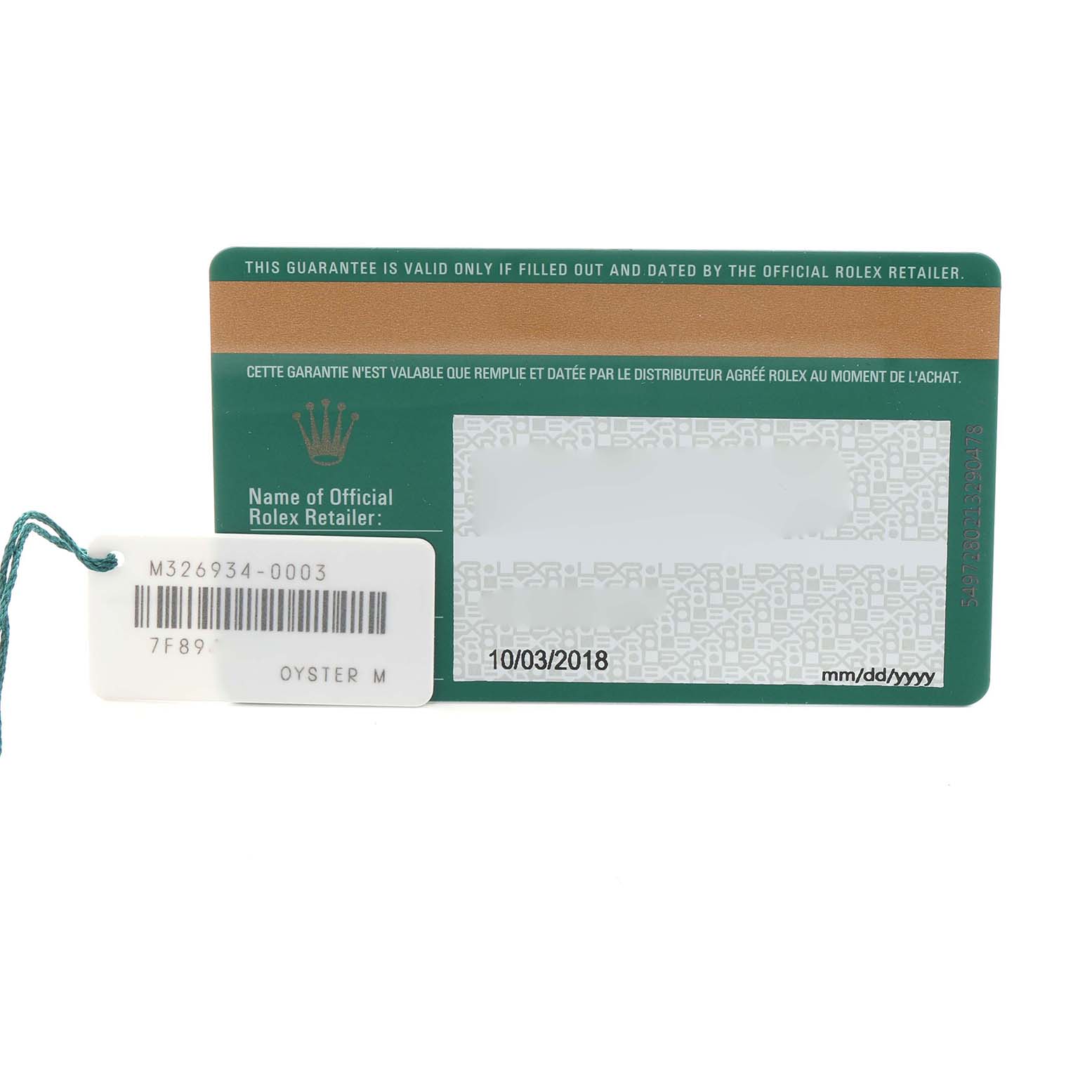 The image shows a warranty card and tag for a Rolex Sky-Dweller 326934 Men
s Stainless Steel Blue Dial, featuring model and purchase information.