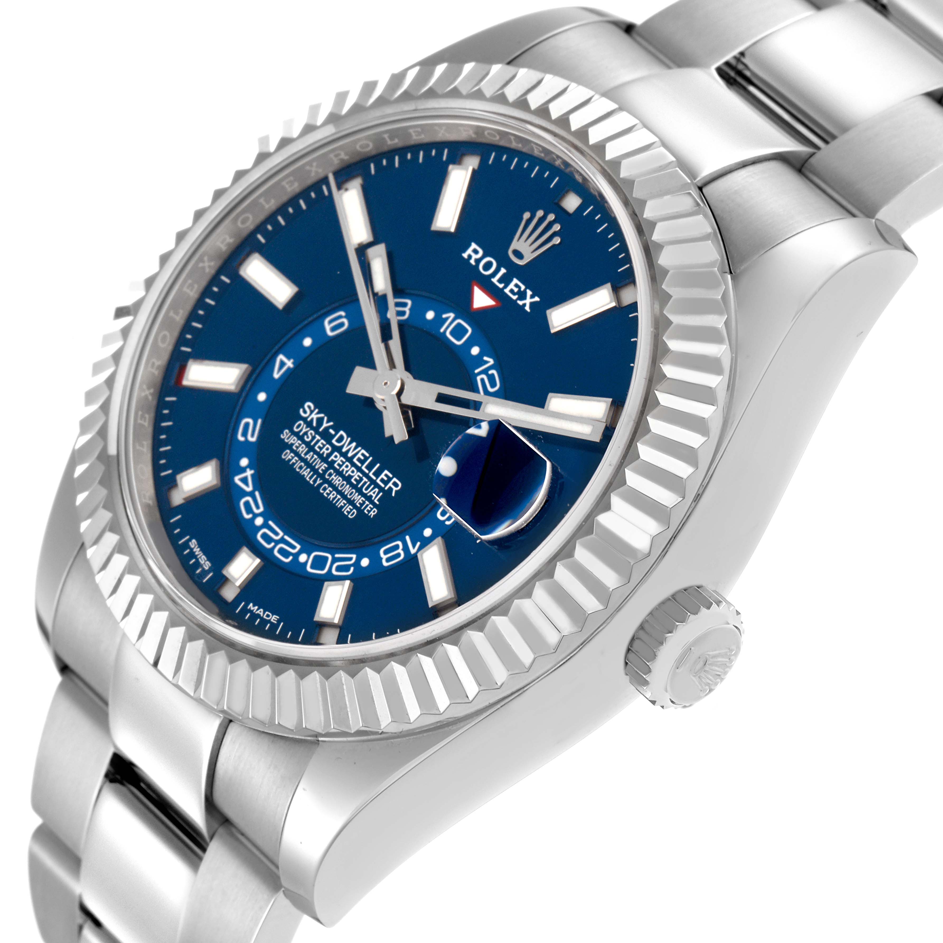 The Rolex Sky-Dweller 326934 Men
s Stainless Steel Blue Dial is shown at a slight angle, highlighting the bezel, crown, blue dial, and part of the bracelet.