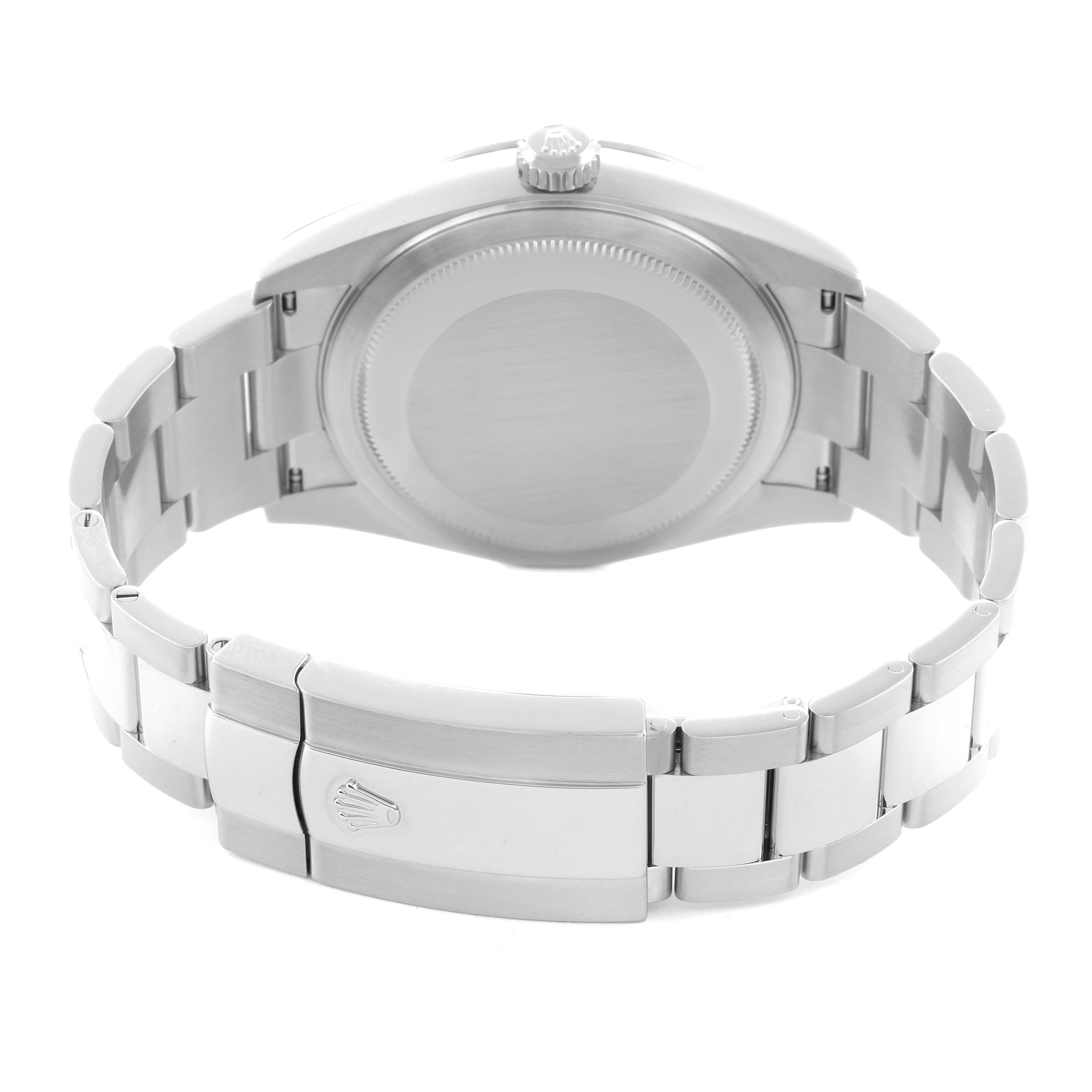 The Rolex Sky-Dweller 326934 Men
s Stainless Steel Blue Dial is shown from the back, displaying the clasp, bracelet, and the closed case back.