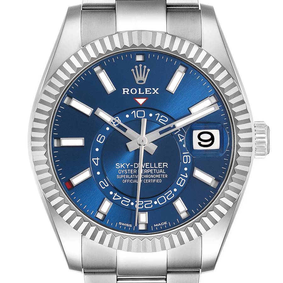 The Rolex Sky-Dweller 326934 Men's Stainless Steel Blue Dial watch is shown from the front, highlighting its blue dial, bezel, and date feature.